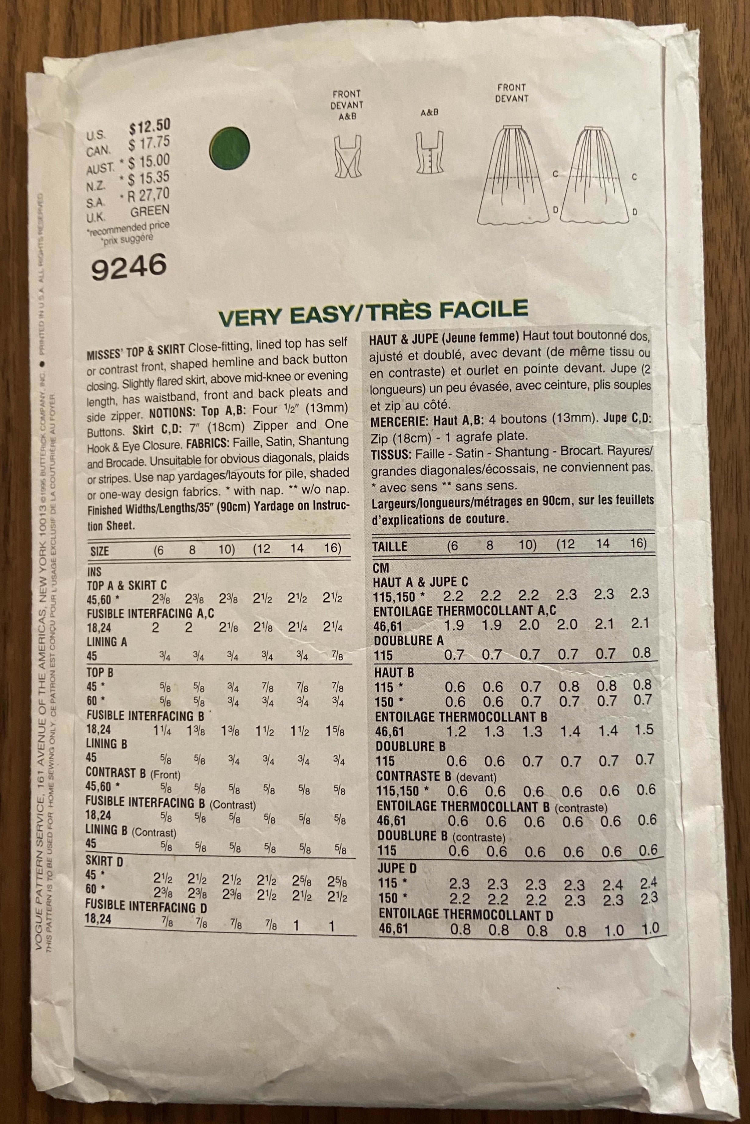 Vogue 9246 vintage 1990s evening skirt and top sewing pattern Bust 34, 36, 38 inches