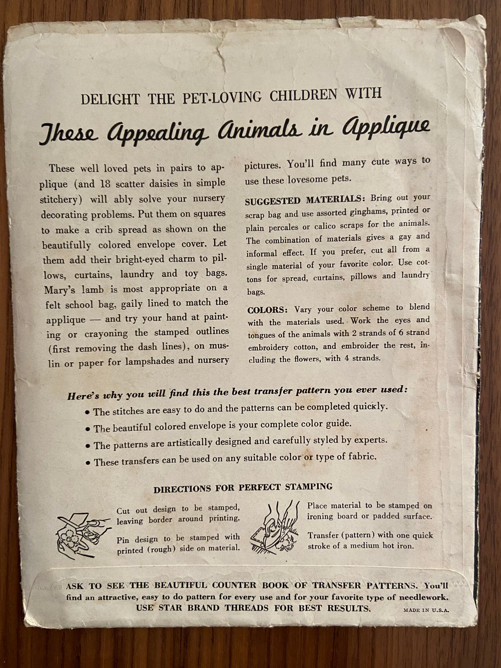 American thread company 154 circa 1940s 1950s vintage embroidery transfer pattern child motifs