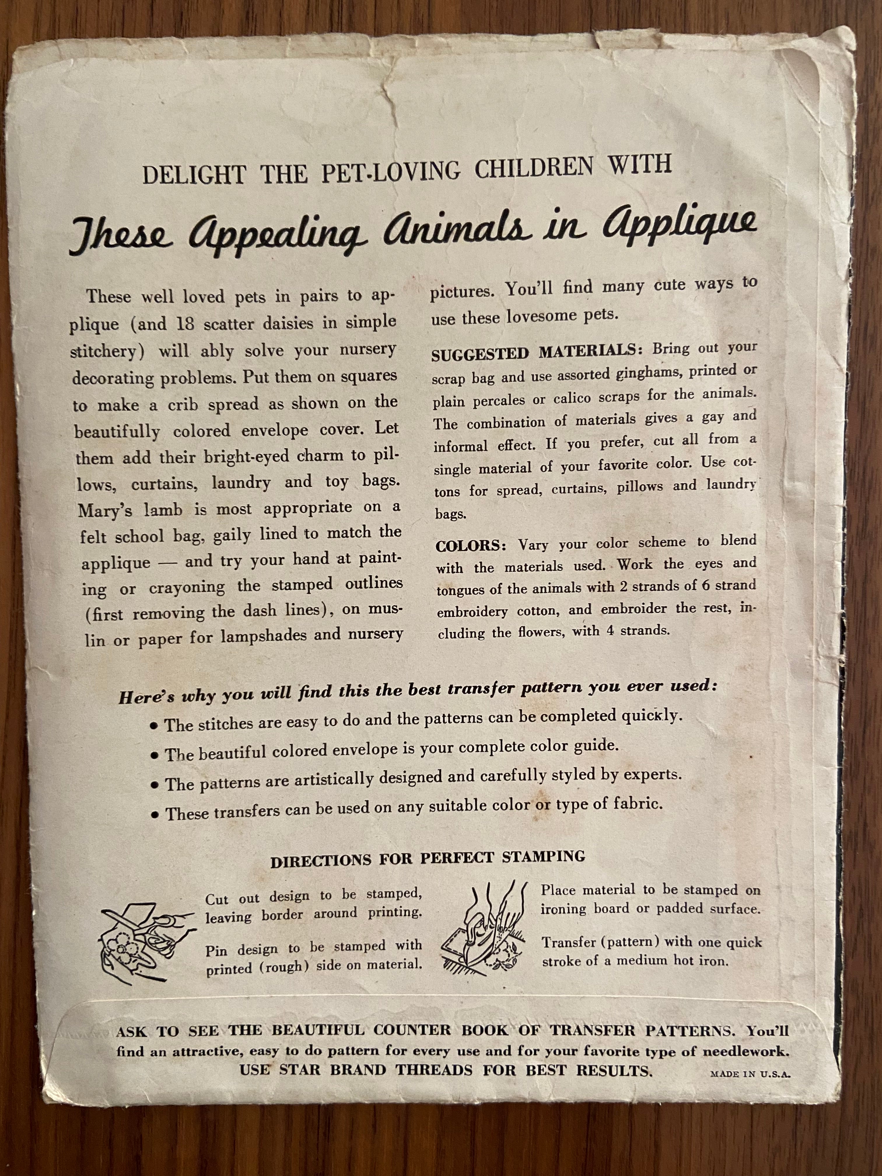 American thread company 154 circa 1940s 1950s vintage embroidery transfer pattern child motifs