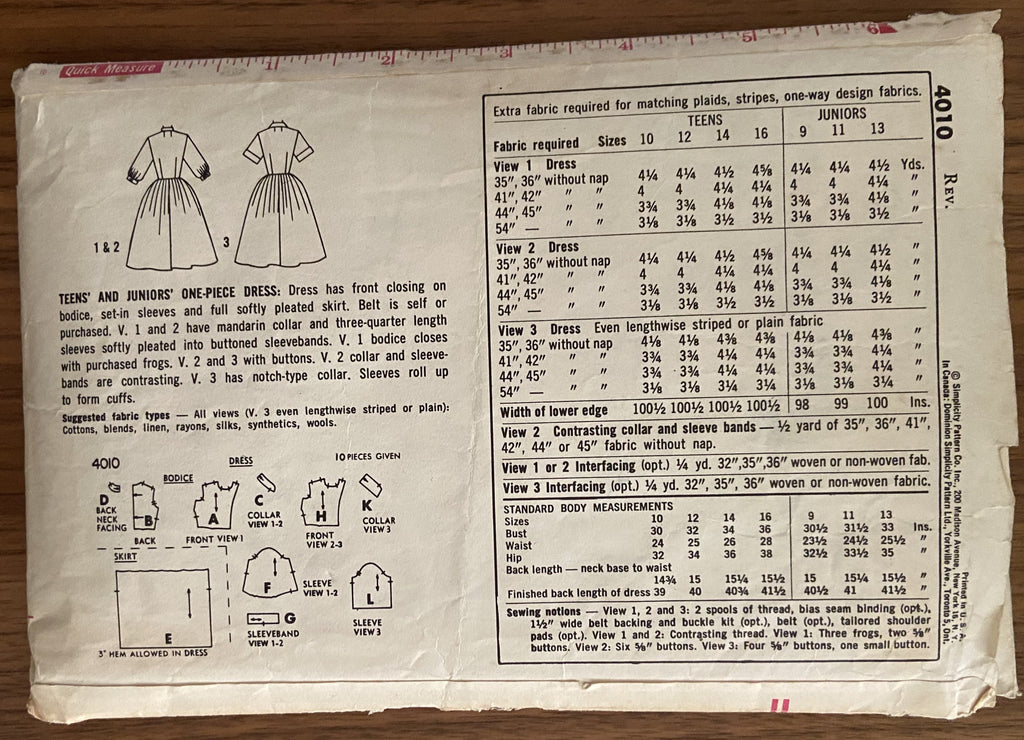Simplicity 4010 vintage 1960s teens dress sewing pattern