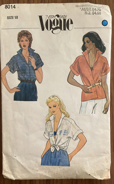 Vogue 8014 very easy vogue vintage 1980s blouse sewing pattern. Bust 32 1/2 inches
