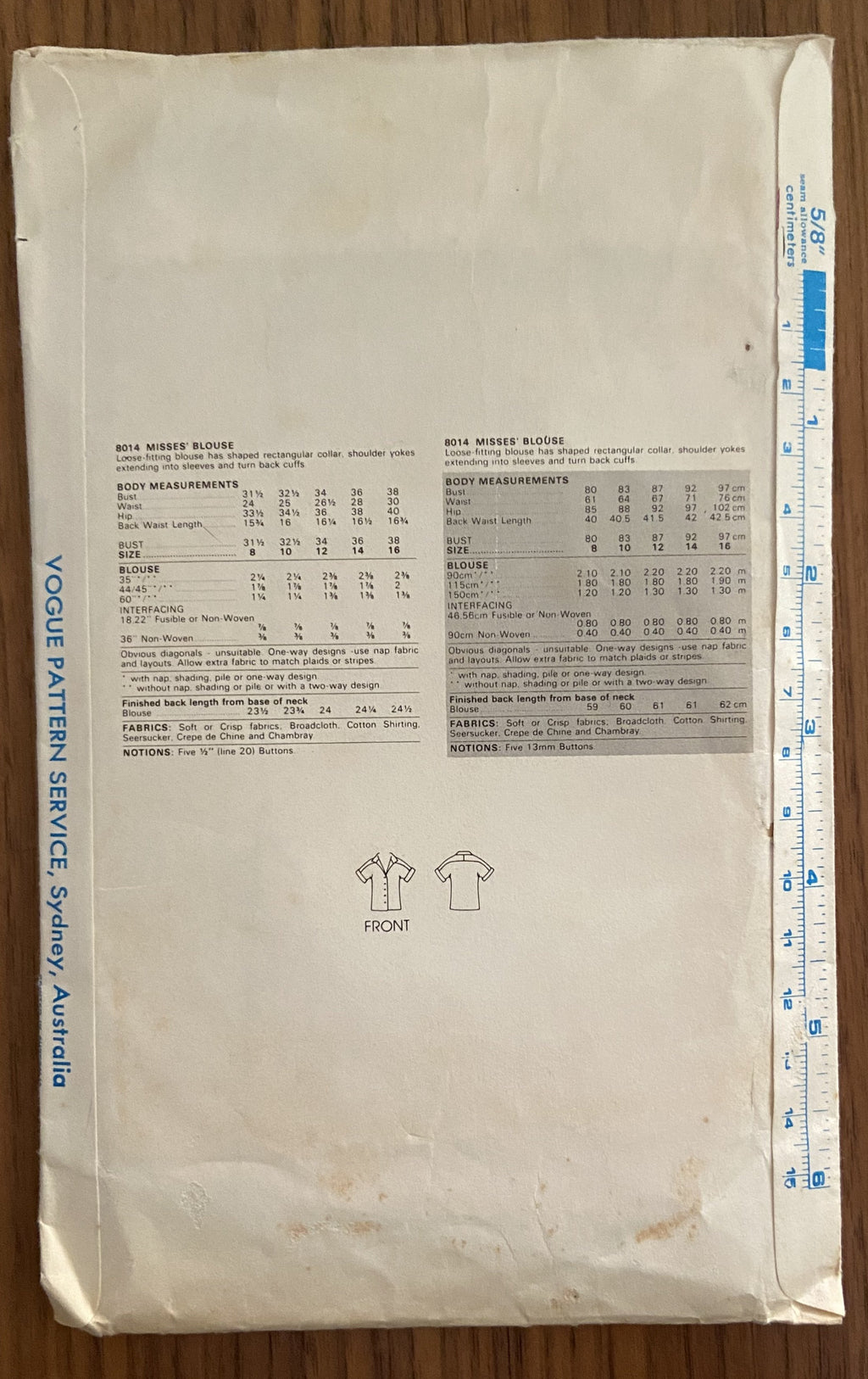 Vogue 8014 very easy vogue vintage 1980s blouse sewing pattern. Bust 32 1/2 inches