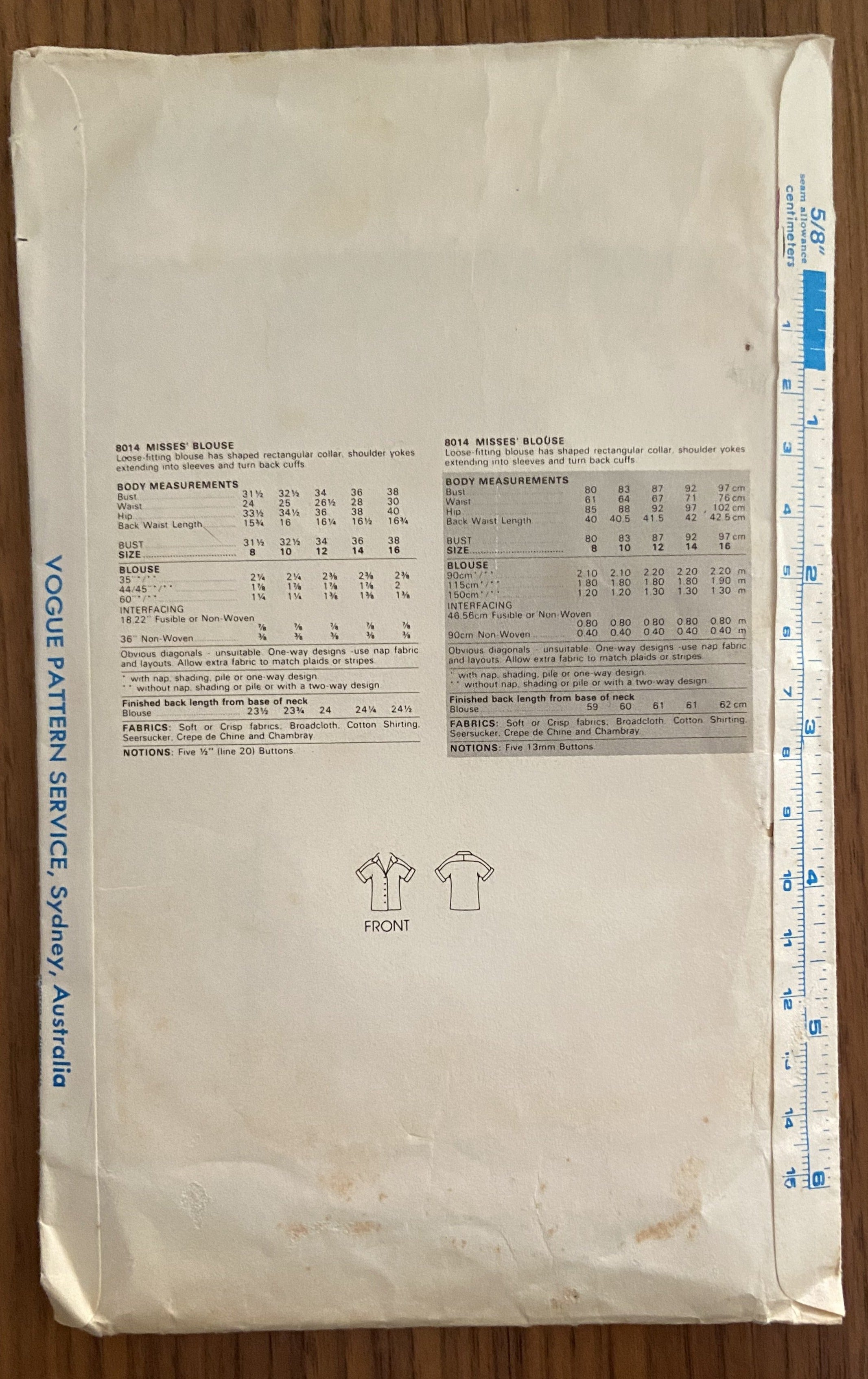 Vogue 8014 very easy vogue vintage 1980s blouse sewing pattern. Bust 32 1/2 inches
