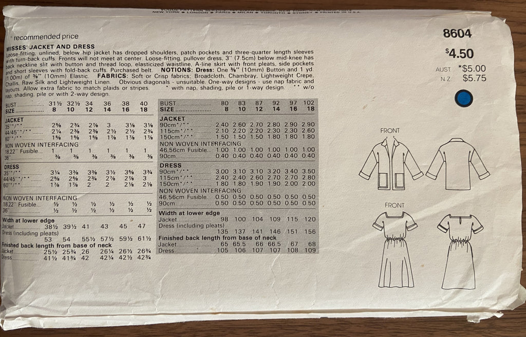 Very easy vogue 8604 vintage 1980s dress and jacket pattern Bust 31 1/2 to 34 inches