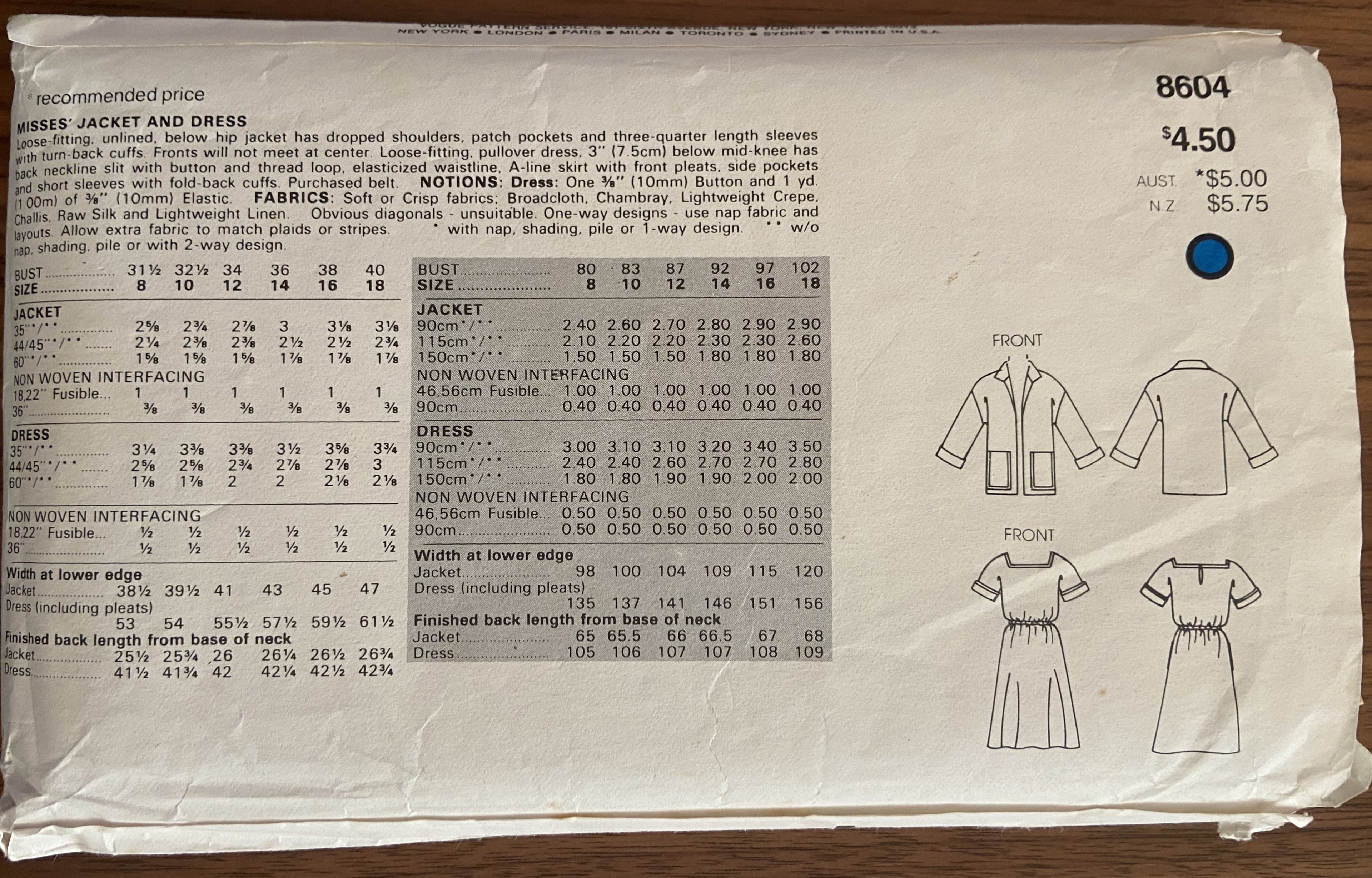 Very easy vogue 8604 vintage 1980s dress and jacket pattern Bust 31 1/2 to 34 inches