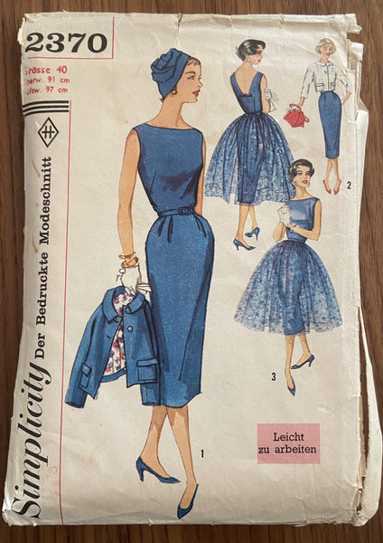 Simplicity 2370 vintage 1950s dress, overskirt and jacket set sewing pattern GERMAN LANGUAGE INSTRUCTIONS
