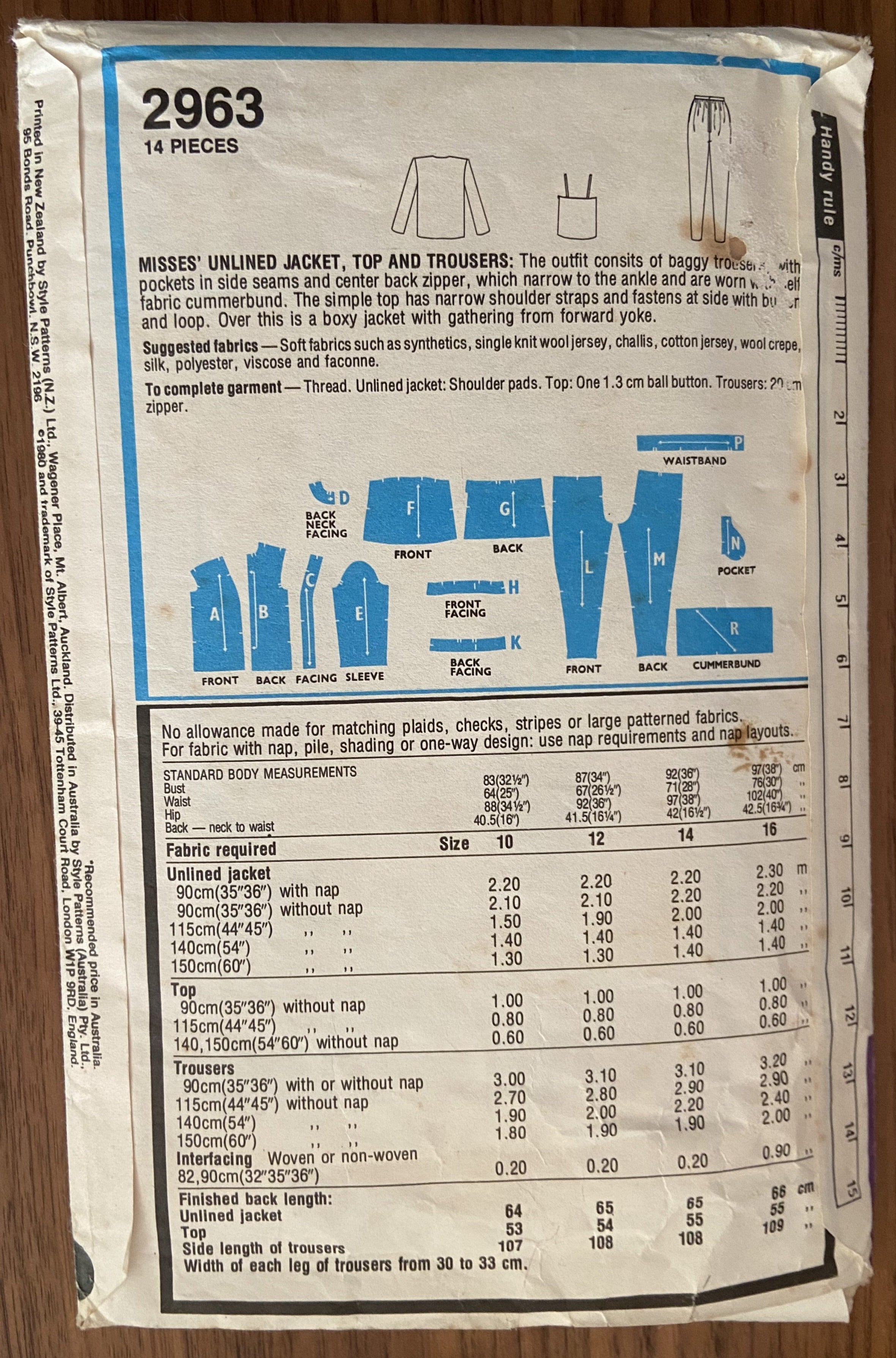Style 2963 vintage 1980s top, pants and jacket pattern Bust 32 1/2 inches