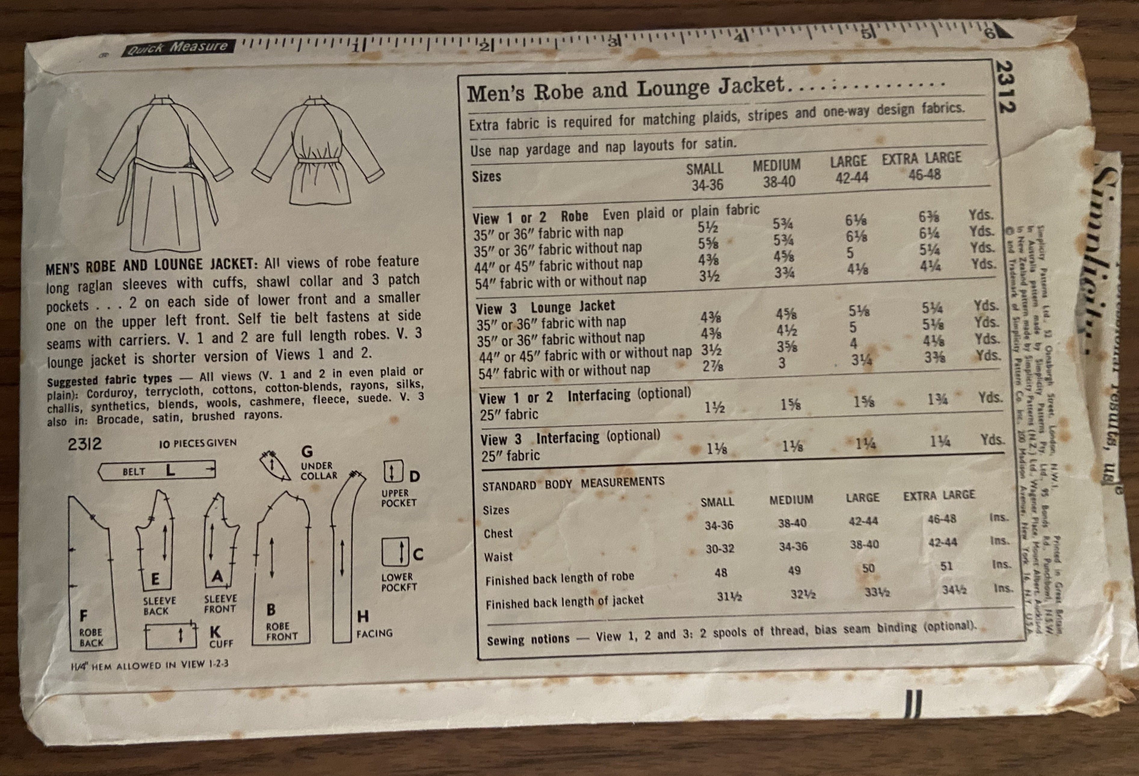 Simplicity 2312 vintage 1950s men's robe sewing pattern
