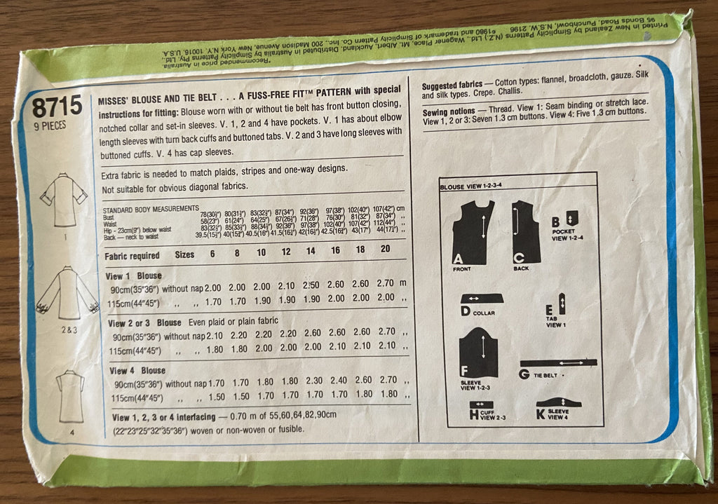 Simplicity 8715 vintage1970s blouse sewing pattern