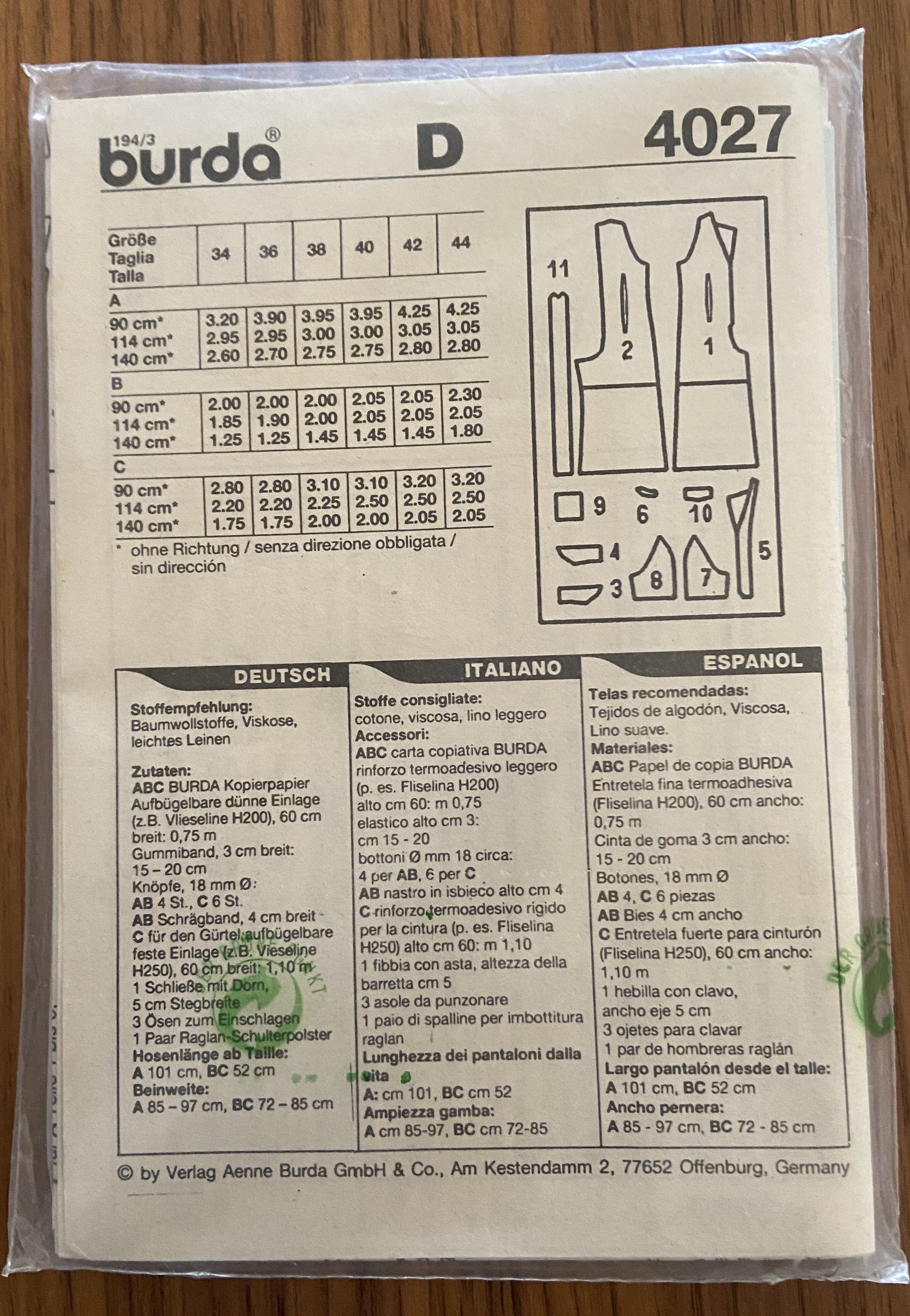 Burda 4027 vintage 1990s jumpsuit sewing pattern multisize. Instructions in German, Italian and Spanish