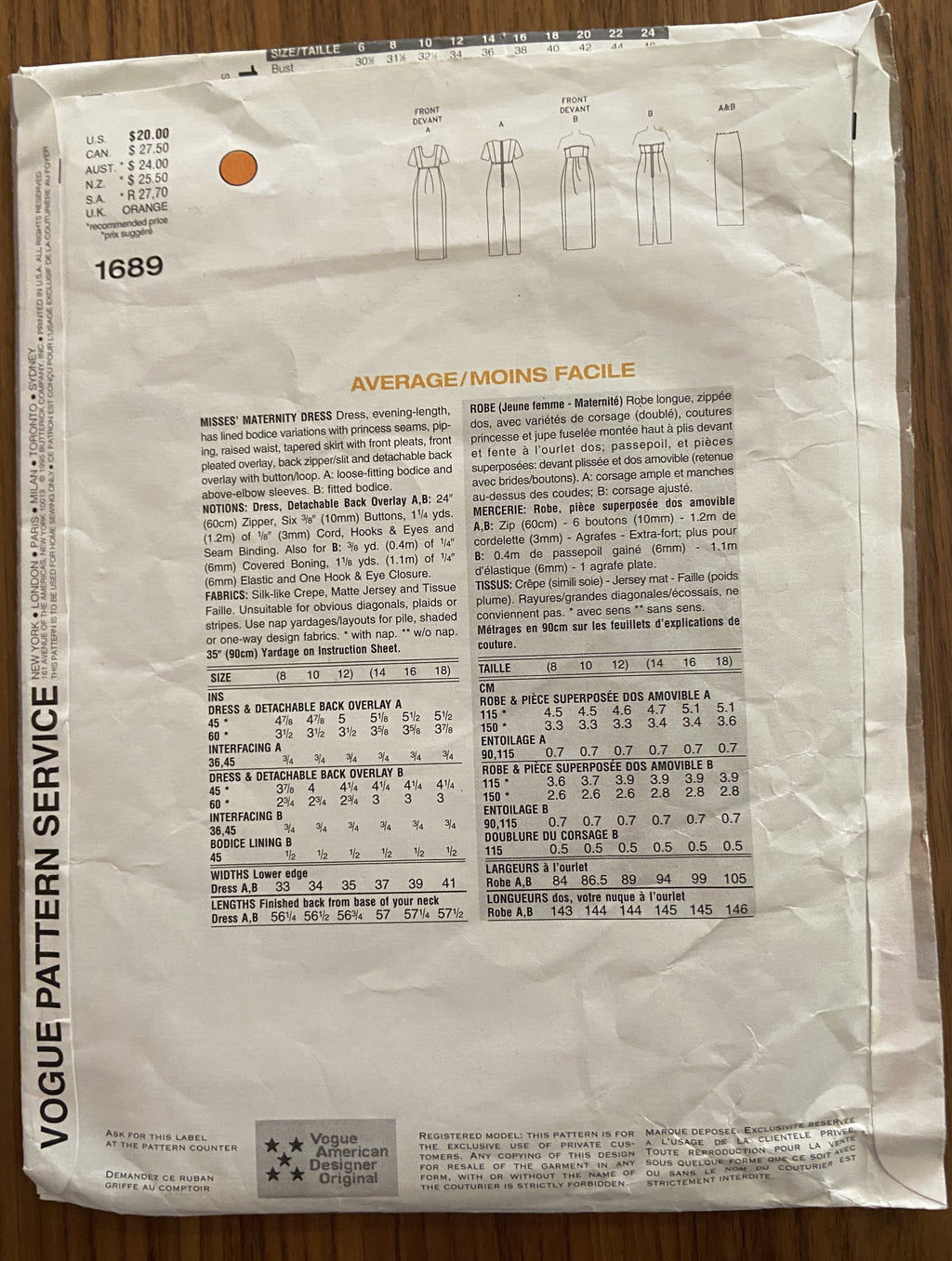 Vogue 1689 Maternity Designer Lauren Sara vintage 1990s evening dresses sewing pattern Bust 31 1/2 inches