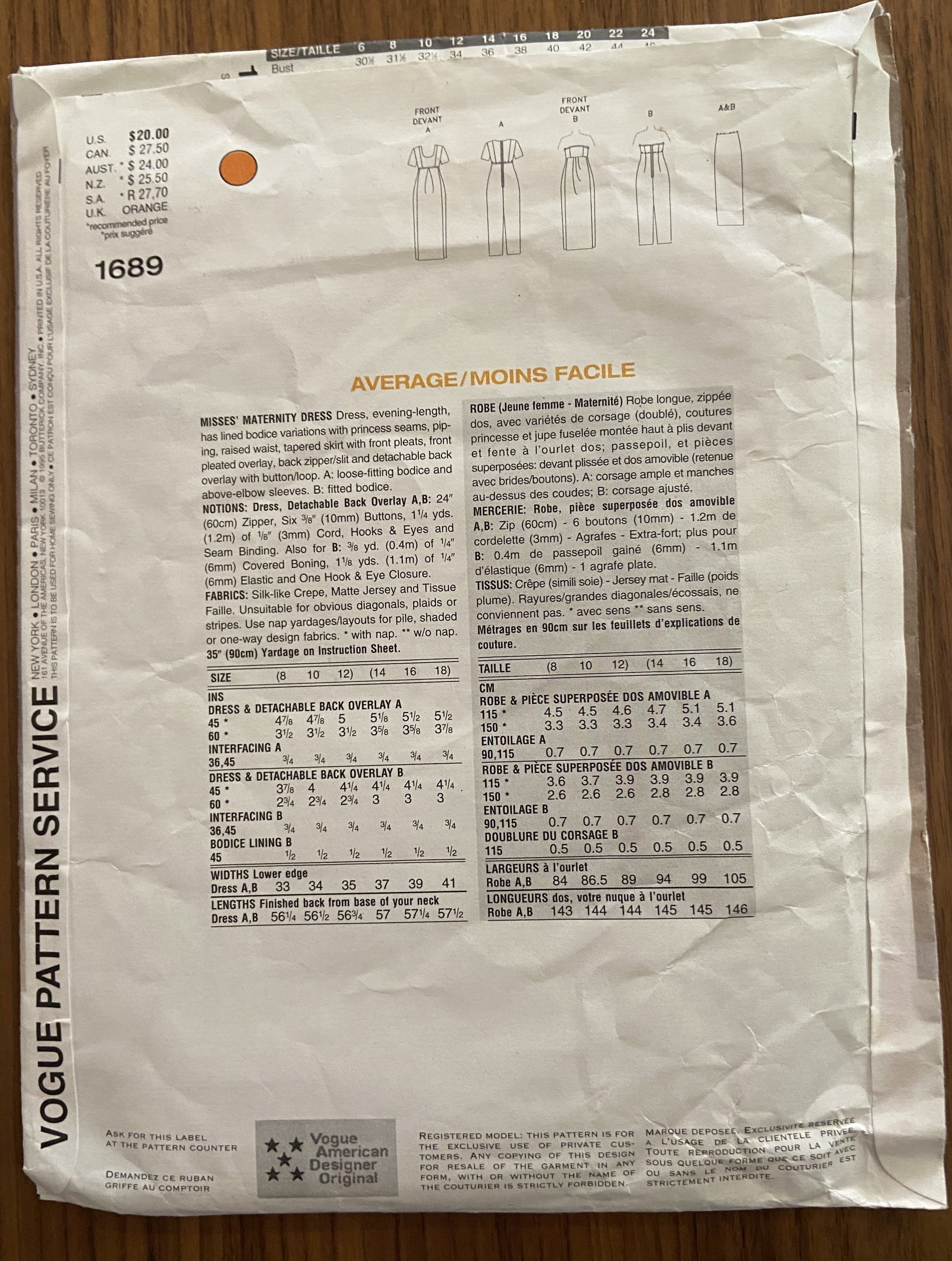 Vogue 1689 Maternity Designer Lauren Sara vintage 1990s evening dresses sewing pattern Bust 31 1/2 inches