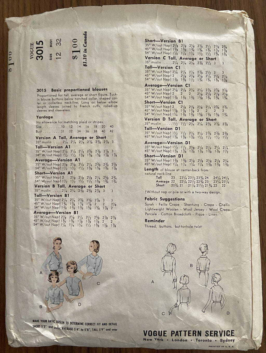Vogue 3015 vintage 1960s basic proportioned blouses sewing pattern Bust 32 inches
