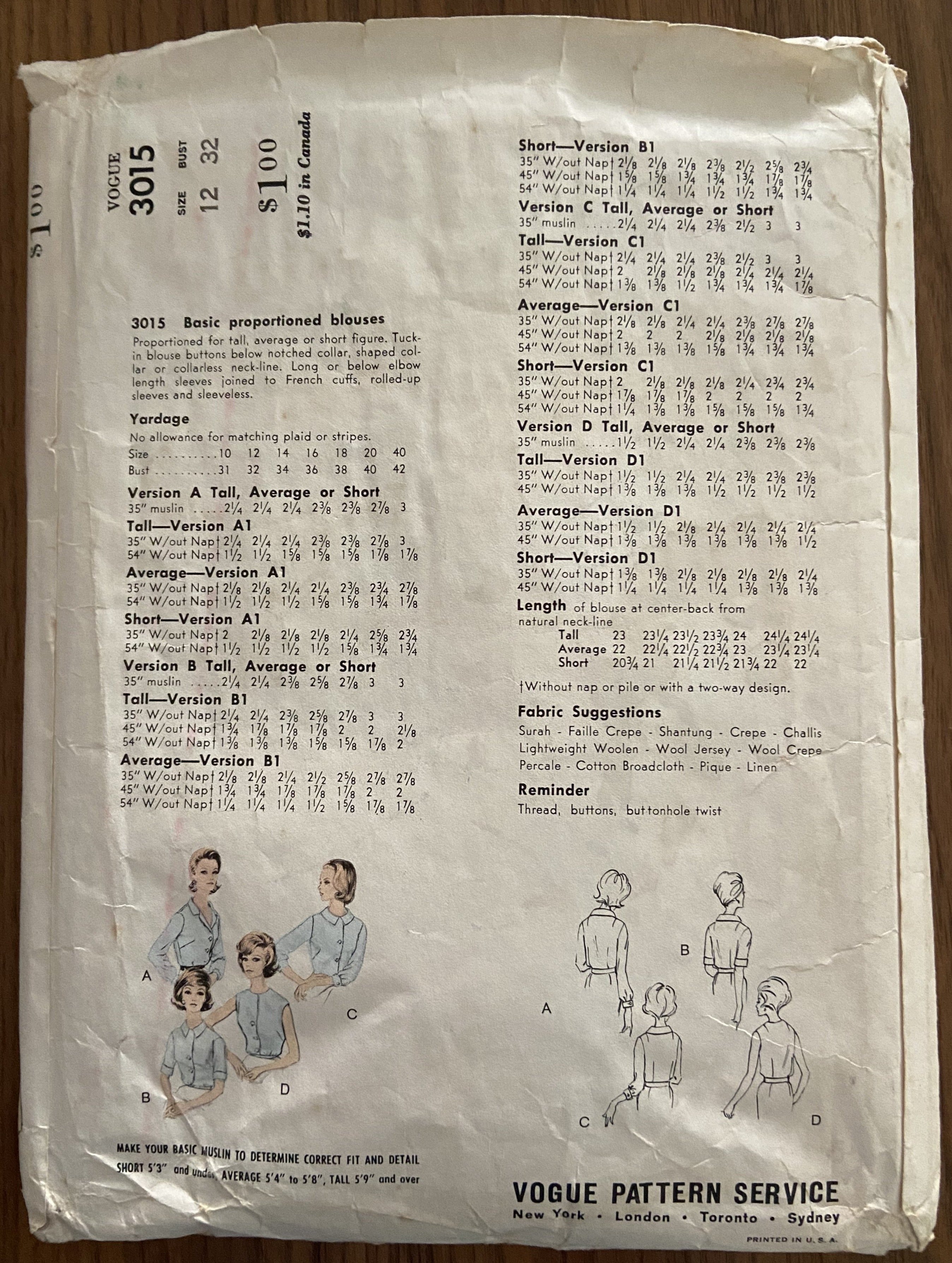 Vogue 3015 vintage 1960s basic proportioned blouses sewing pattern Bust 32 inches