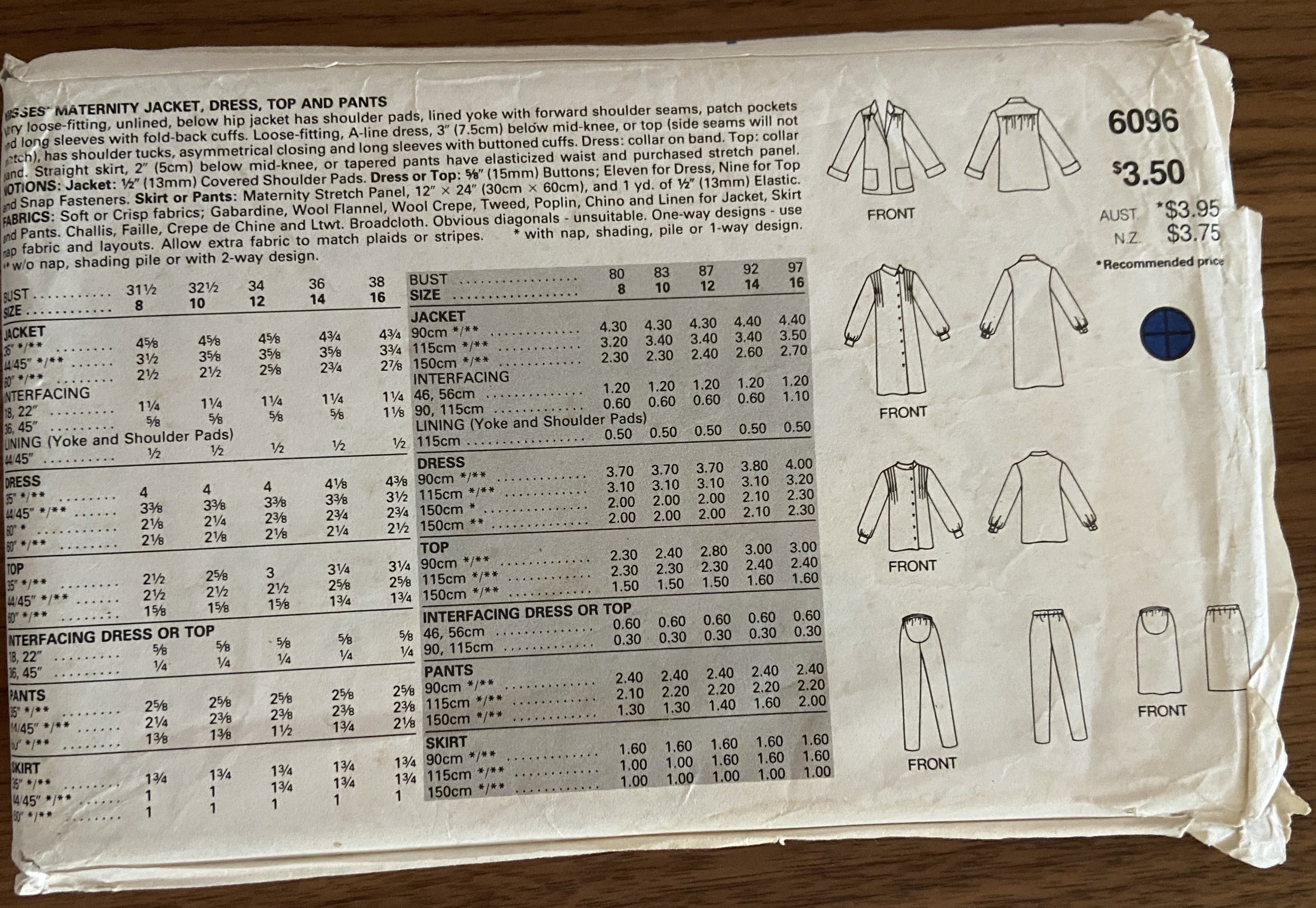 Butterick 6096 vintage 1980s maternity jacket, dress, top, skirt and pants sewing pattern