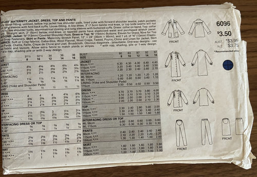 Butterick 6096 vintage 1980s maternity jacket, dress, top, skirt and pants sewing pattern