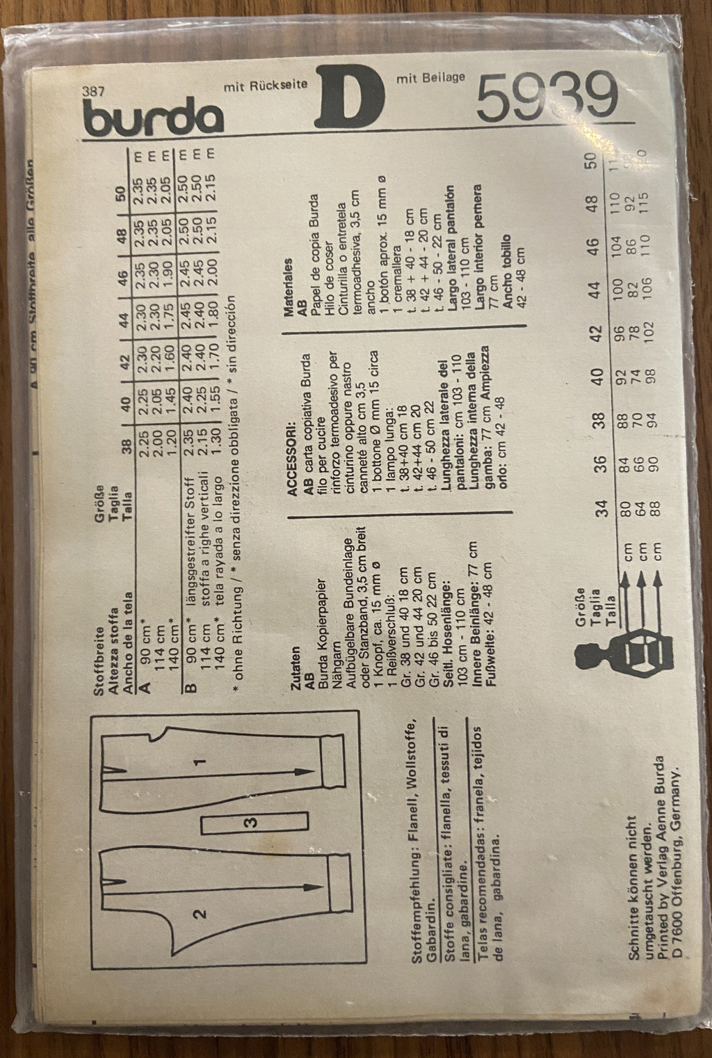 Burda 5939 vintage 1980s pants pattern multisize pattern Waist 70, 74, 78, 82, 86, 92, 98 GERMAN LANGUAGE INSTRUCTIONS cm