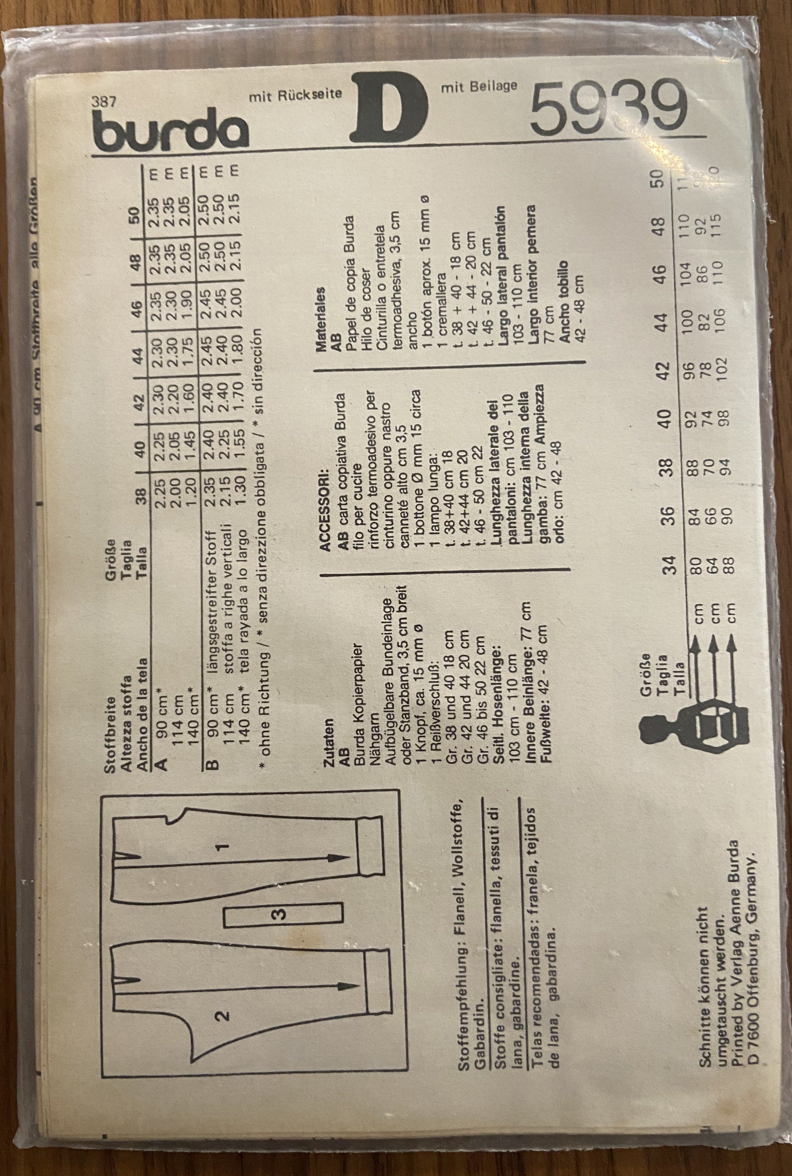 Burda 5939 vintage 1980s pants pattern multisize pattern Waist 70, 74, 78, 82, 86, 92, 98 GERMAN LANGUAGE INSTRUCTIONS cm