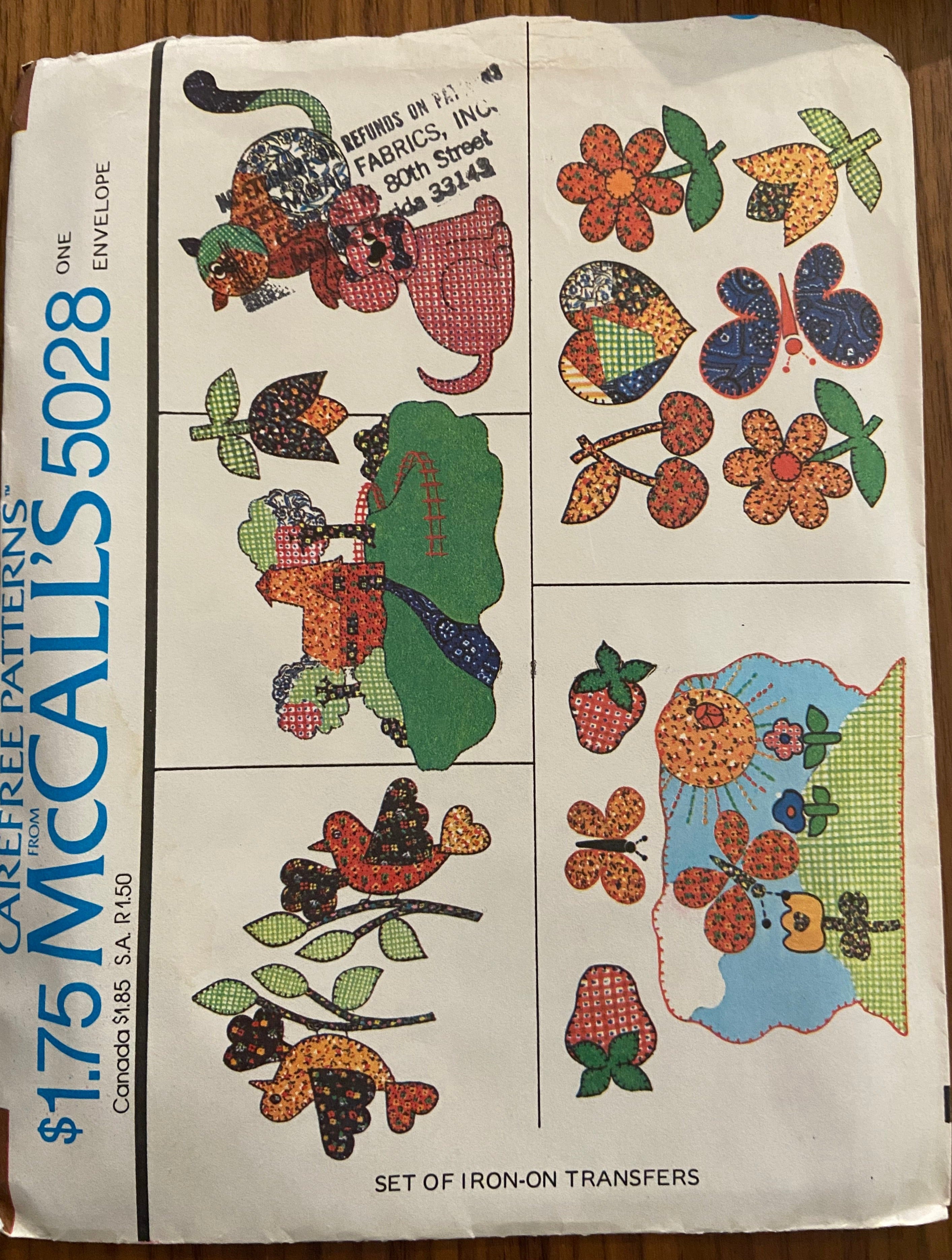 McCall's 5028 vintage 1970s iron on transfers