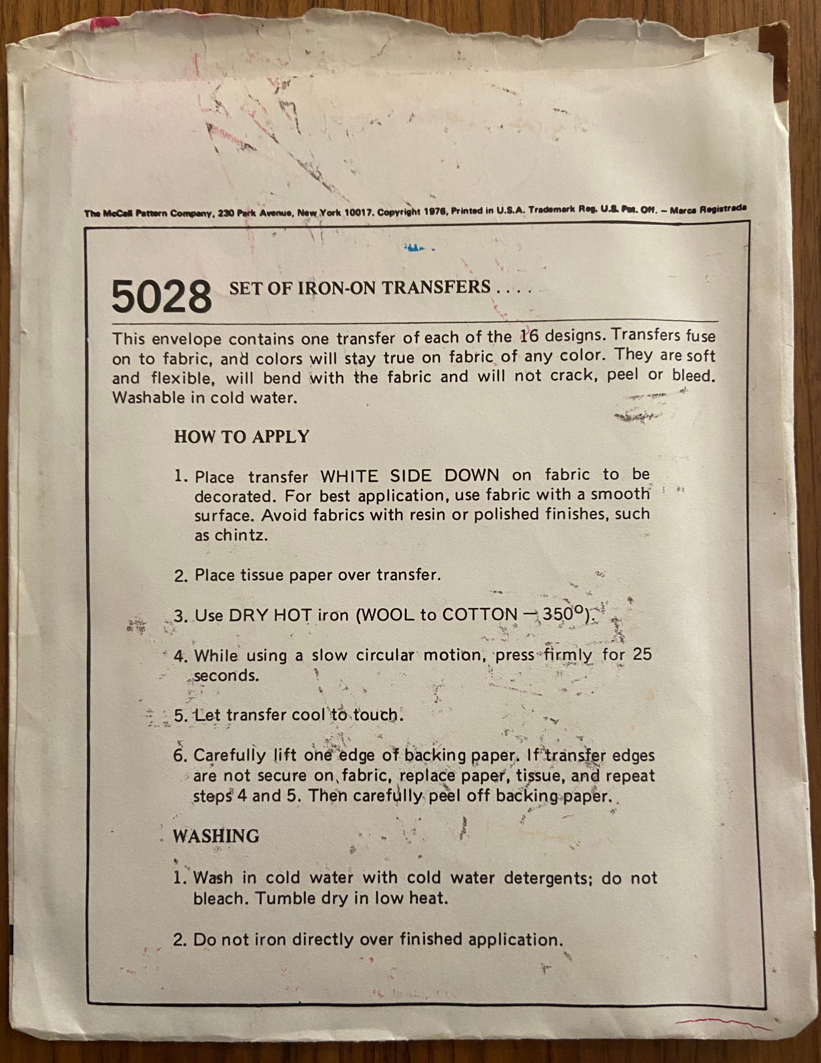 McCall's 5028 vintage 1970s iron on transfers