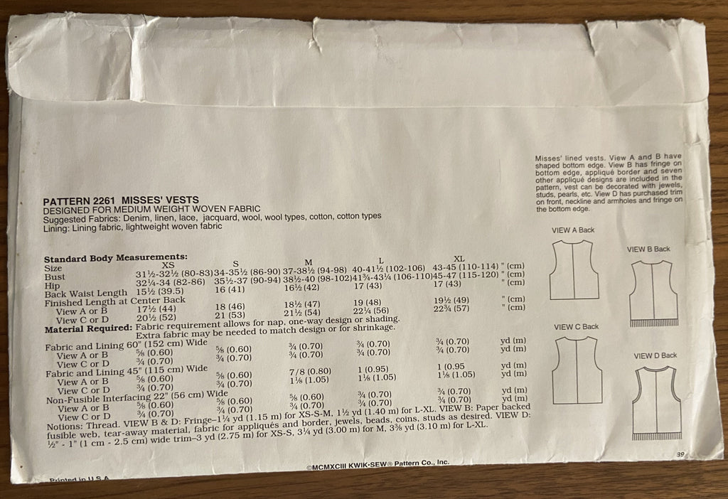 Kwik sew 2261 vintage 1970s jumpsuit and vest pattern Bust 31 1/2 to 45 inches