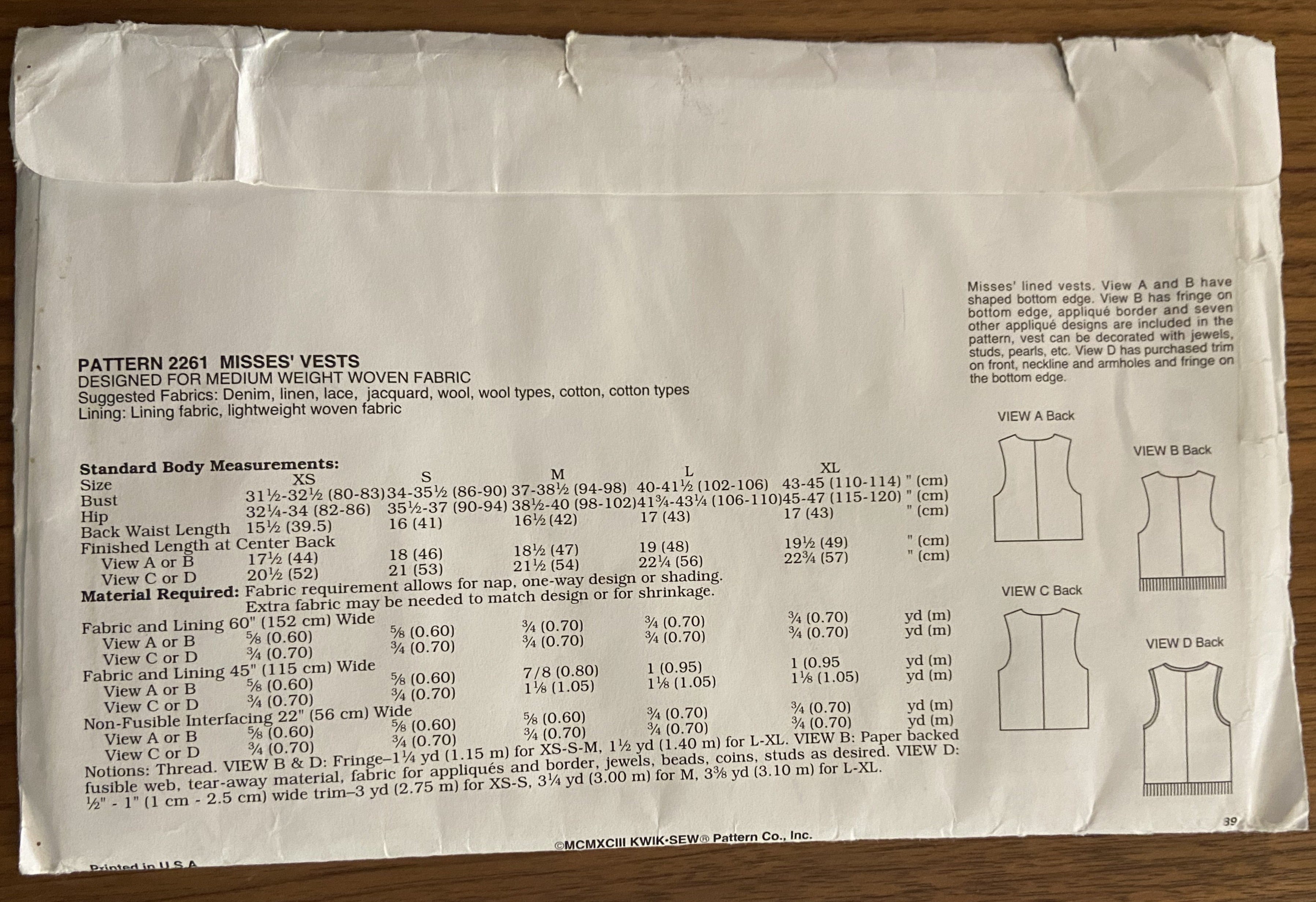 Kwik sew 2261 vintage 1970s jumpsuit and vest pattern Bust 31 1/2 to 45 inches