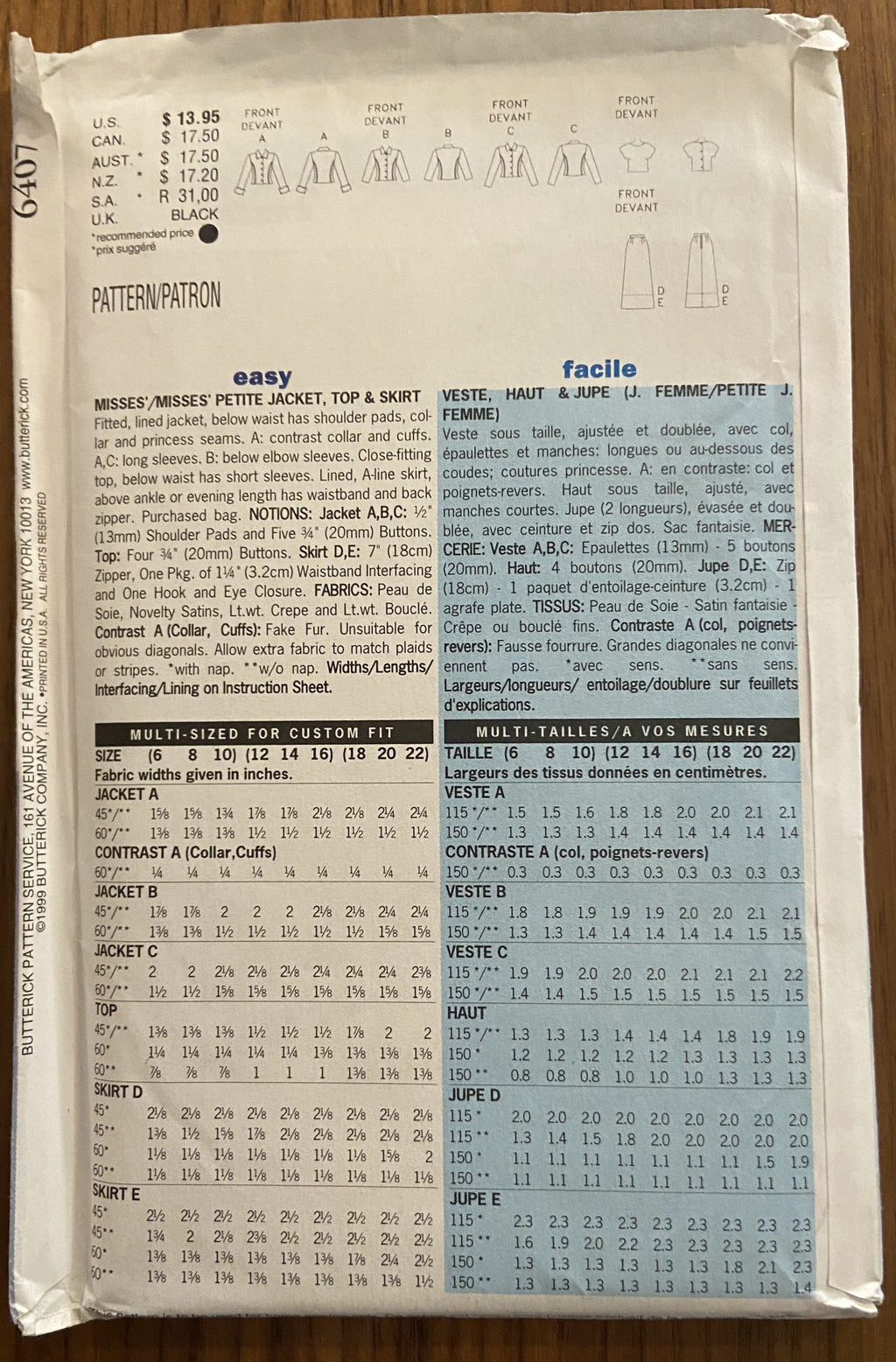 Butterick 6407 vintage 1990s evening jacket, top and skirt sewing pattern Bust 40, 42, 44 inches