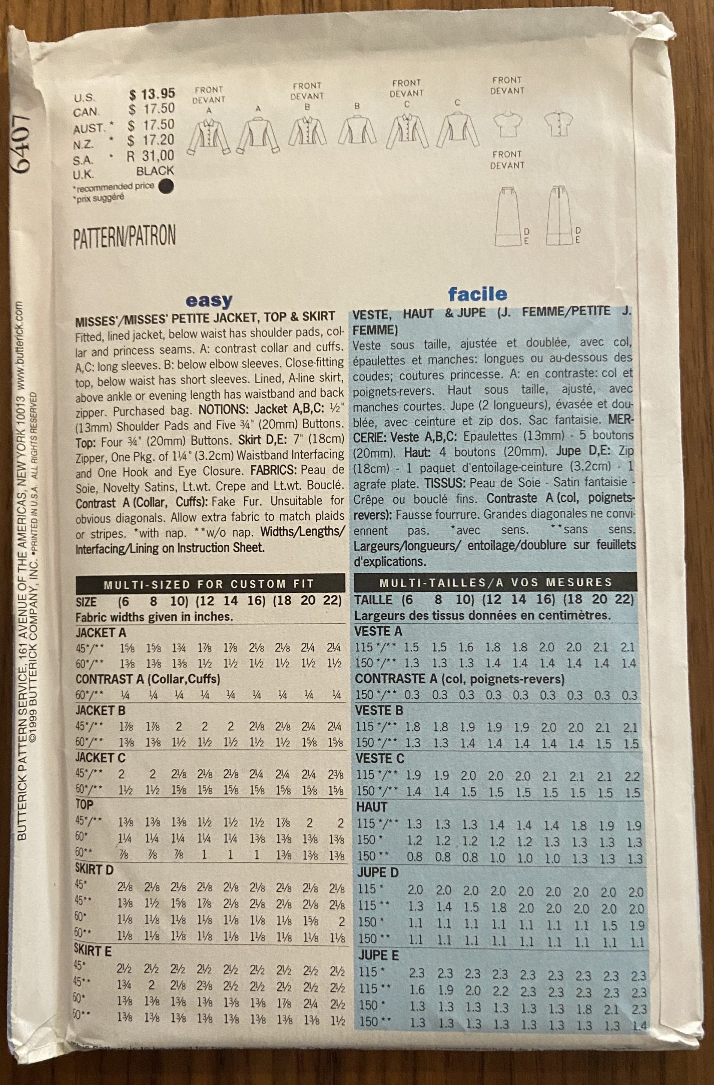 Butterick 6407 vintage 1990s evening jacket, top and skirt sewing pattern Bust 40, 42, 44 inches