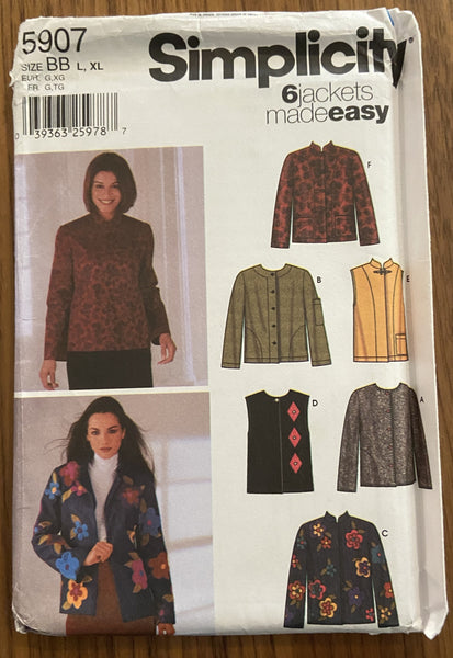 Simplicity 5907 2002 sewing pattern jacket and vest larger sizes bust 40-46 inches