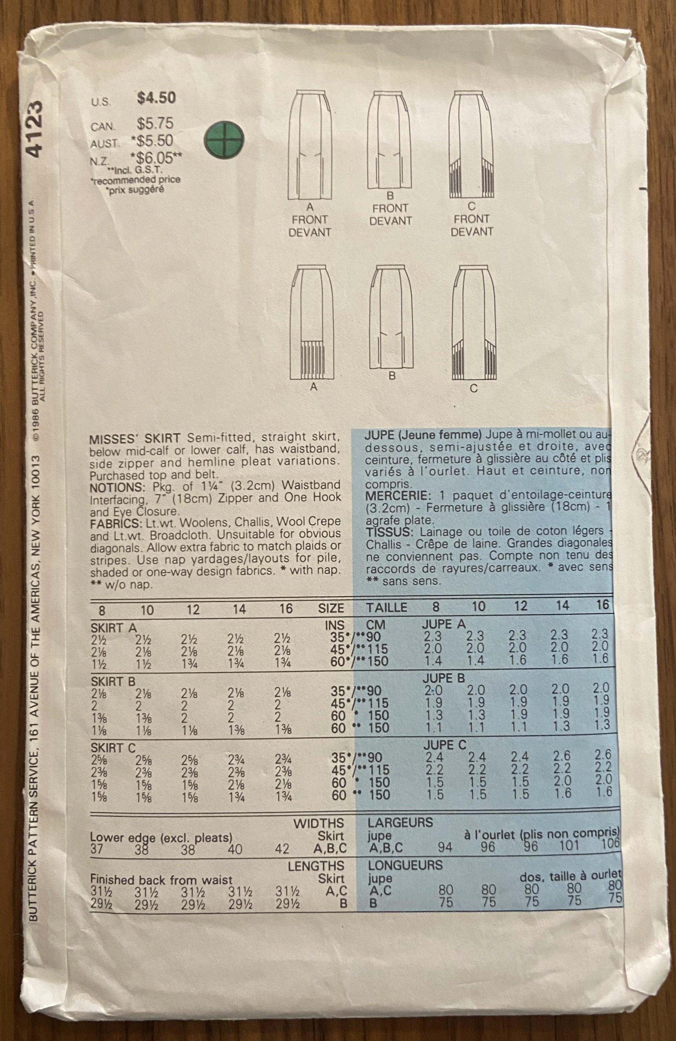 Butterick 4123 vintage 1980s skirts pattern