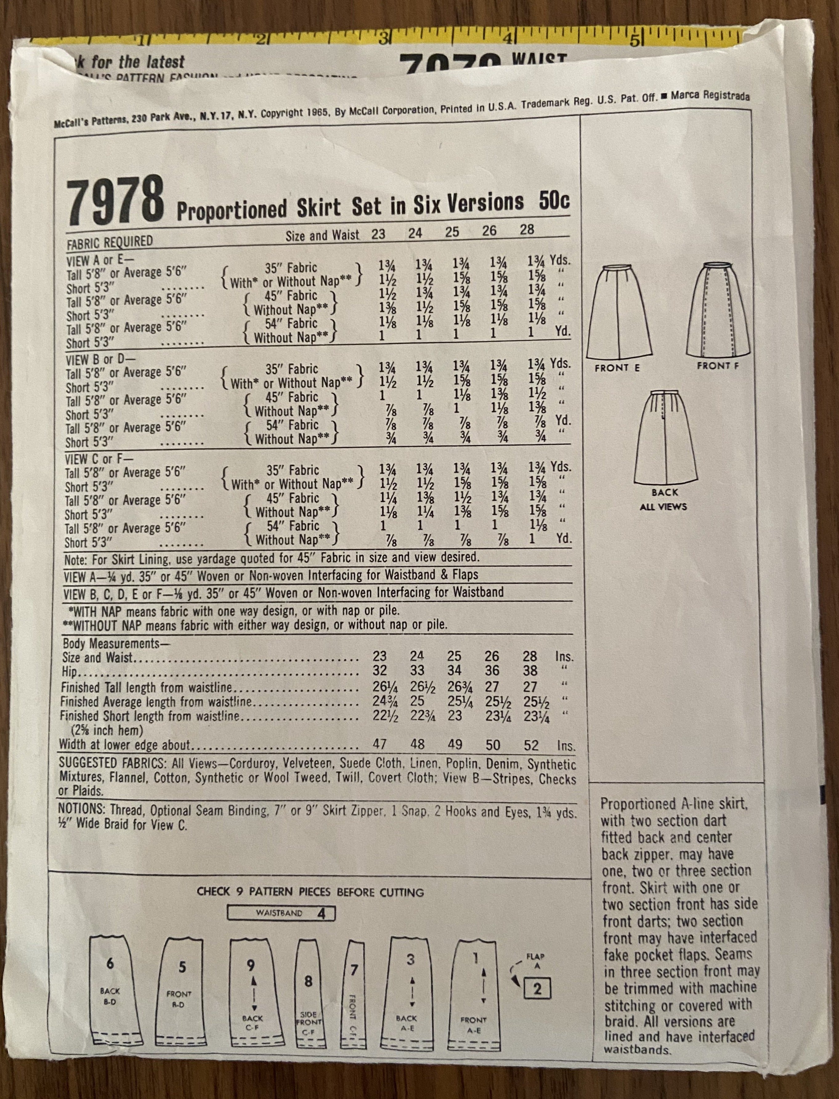 McCall's 7978 vintage 1960s proportional skirt set sewing pattern wounded bargain Waist 23 inches
