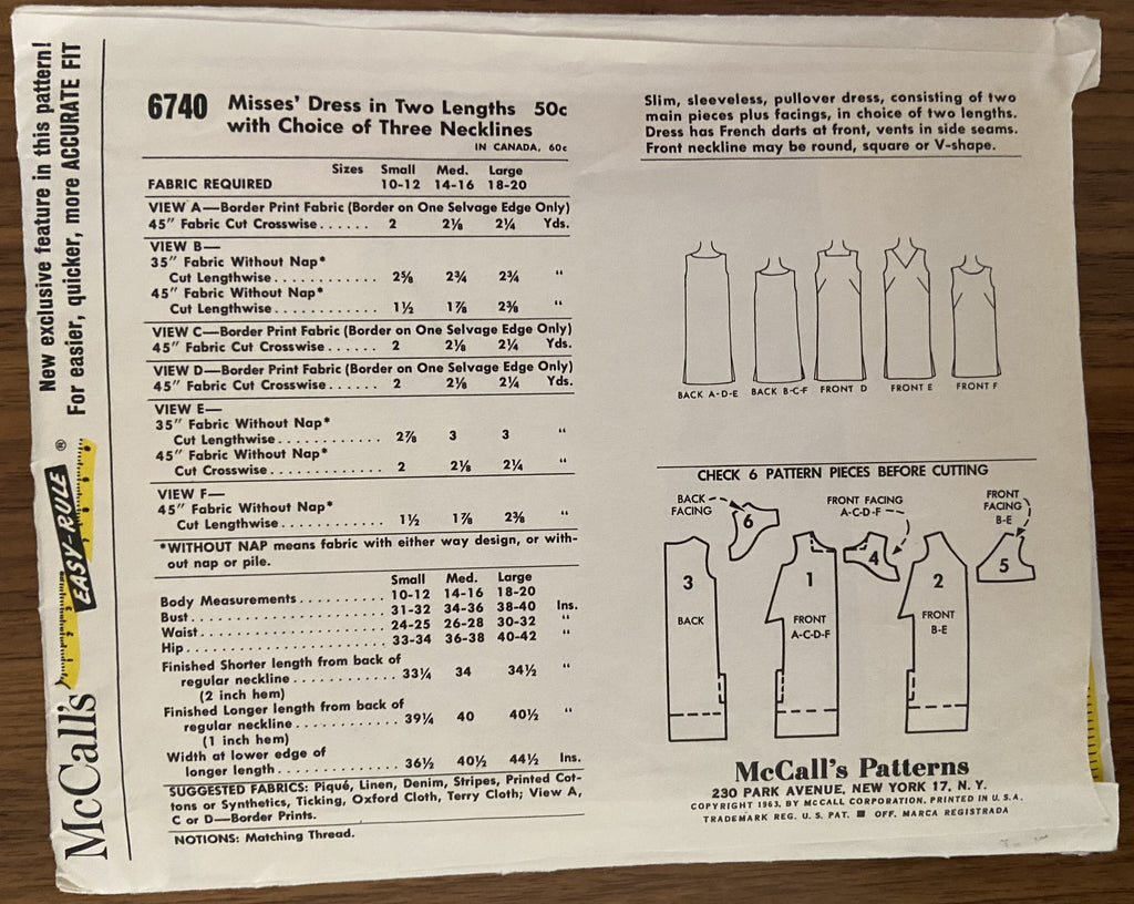 McCall's 6740 vintage 1960s dress sewing pattern Bust 34  inches