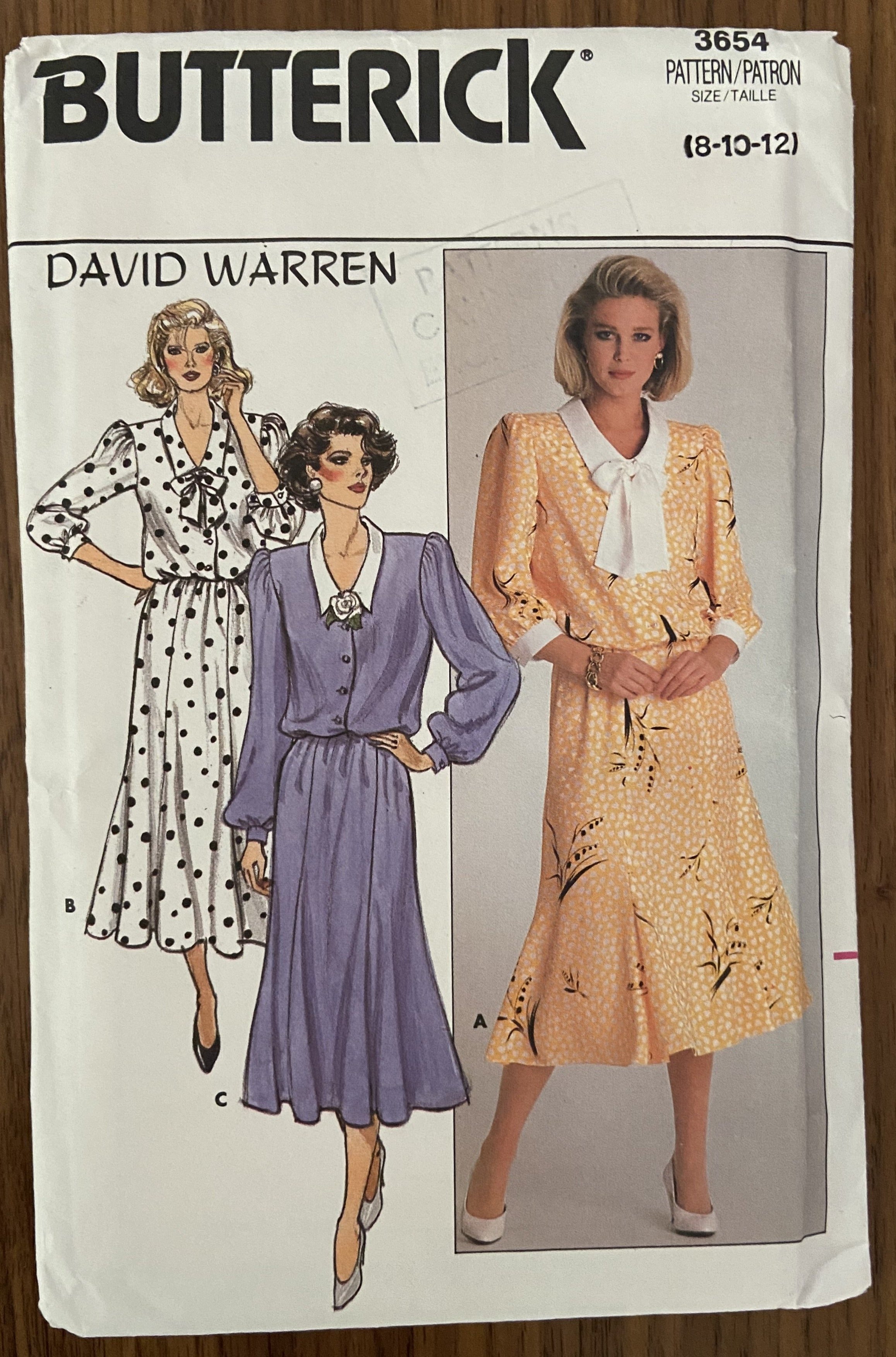 Butterick 3654 vintage 1980s David Warren dress sewing pattern Bust 31 1/2, 32 1/2 inches