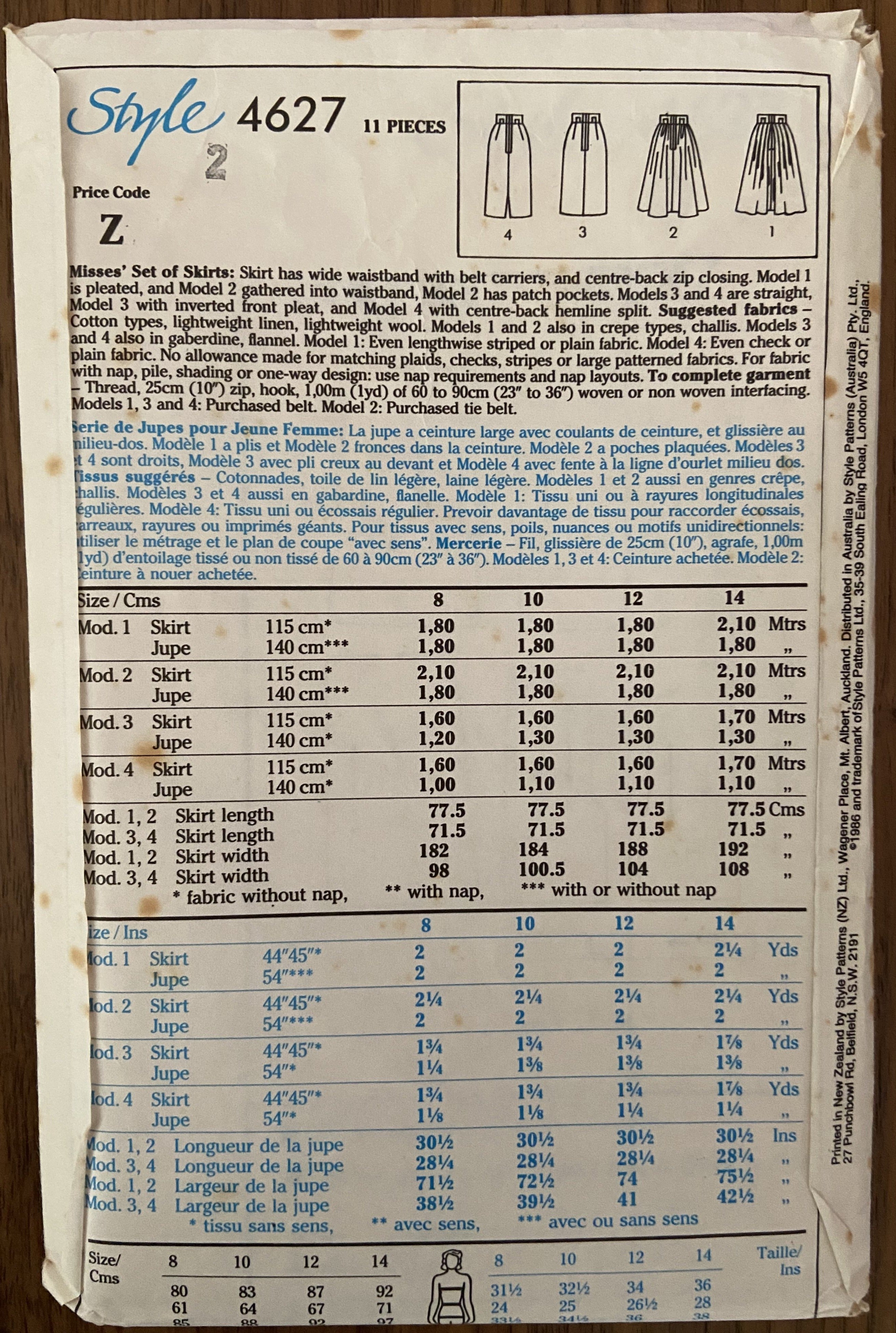 Style 4627 vintage 1980s skirts pattern