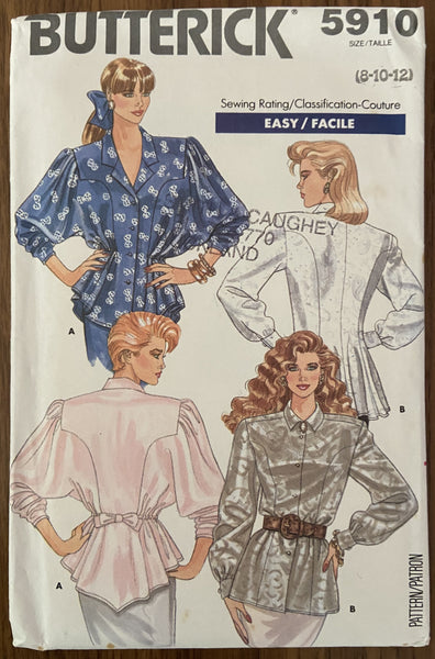 Butterick 5910 Vintage 1980s  peplum top sewing pattern Bust 31 1/2, 32 1/2 inches