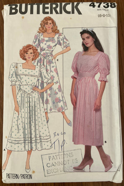 Butterick 4738 vintage 1980s dress pattern Bust 30 1/2 - 31 1/2 - 32 1/2 inches
