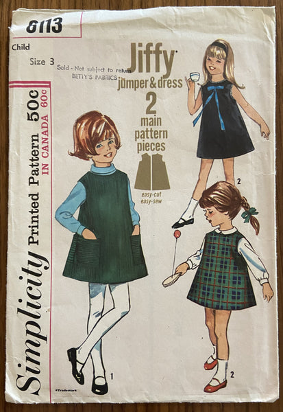 Simplicity 6113 vintage 1960s dress and jumper sewing pattern size 3 years Breast 22 inches