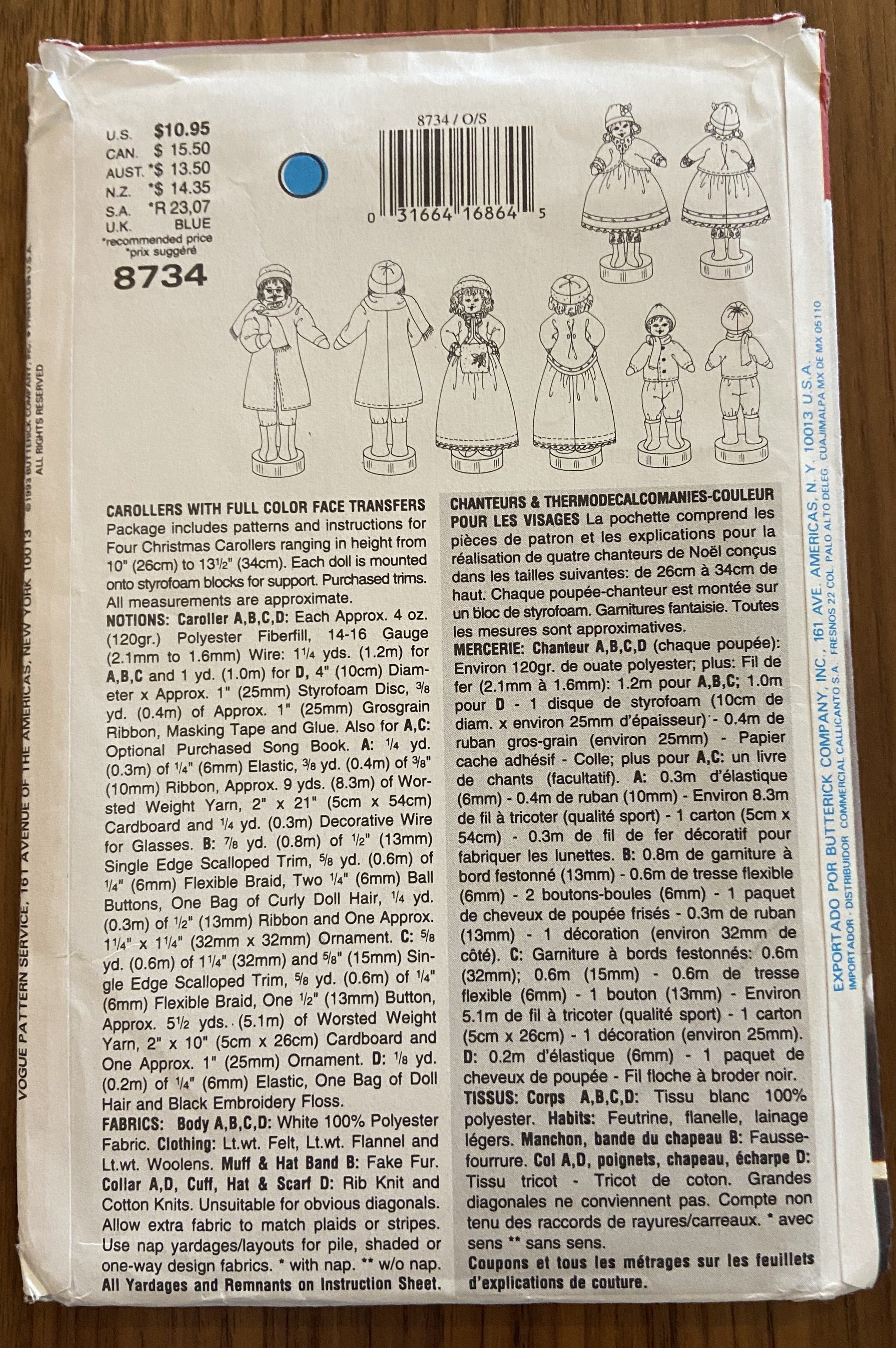Vogue 8734 vintage 1990s carollers dolls craft pattern