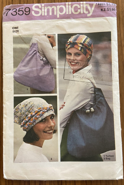 Simplicity 7359 vintage 1970s turban, scarf and bag pattern