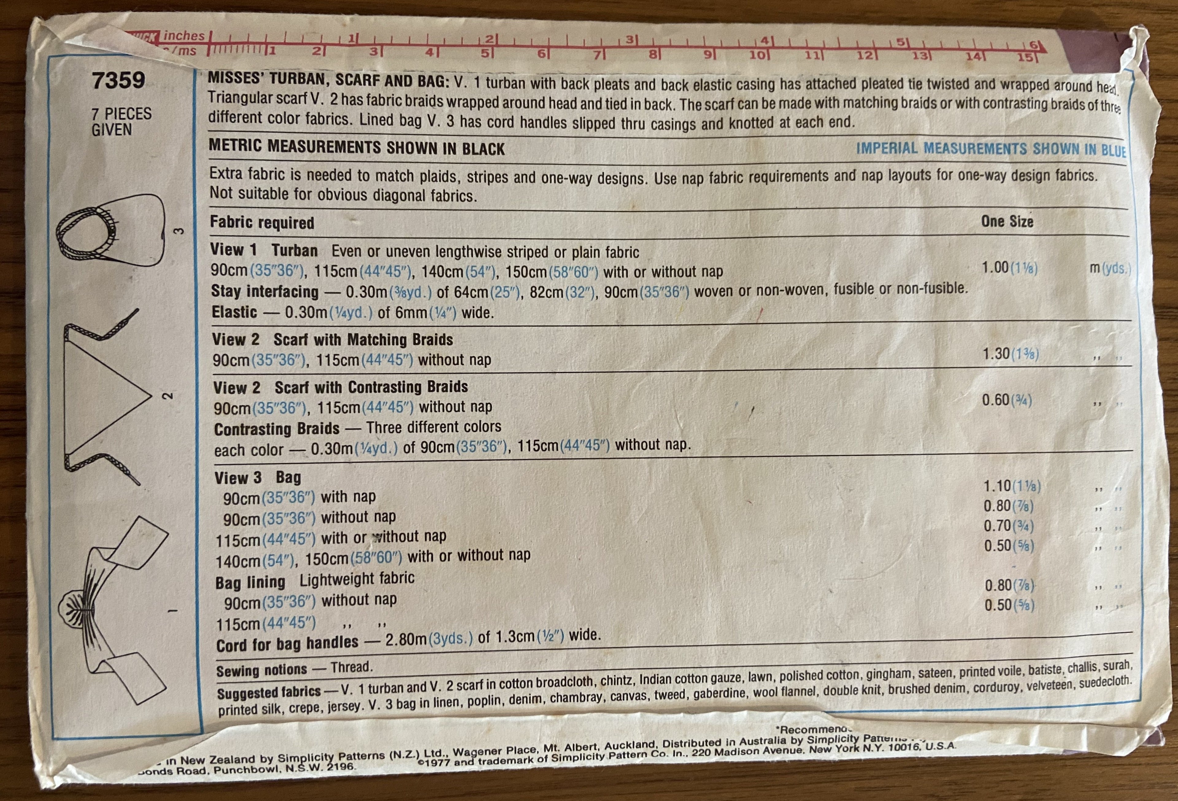 Simplicity 7359 vintage 1970s turban, scarf and bag pattern