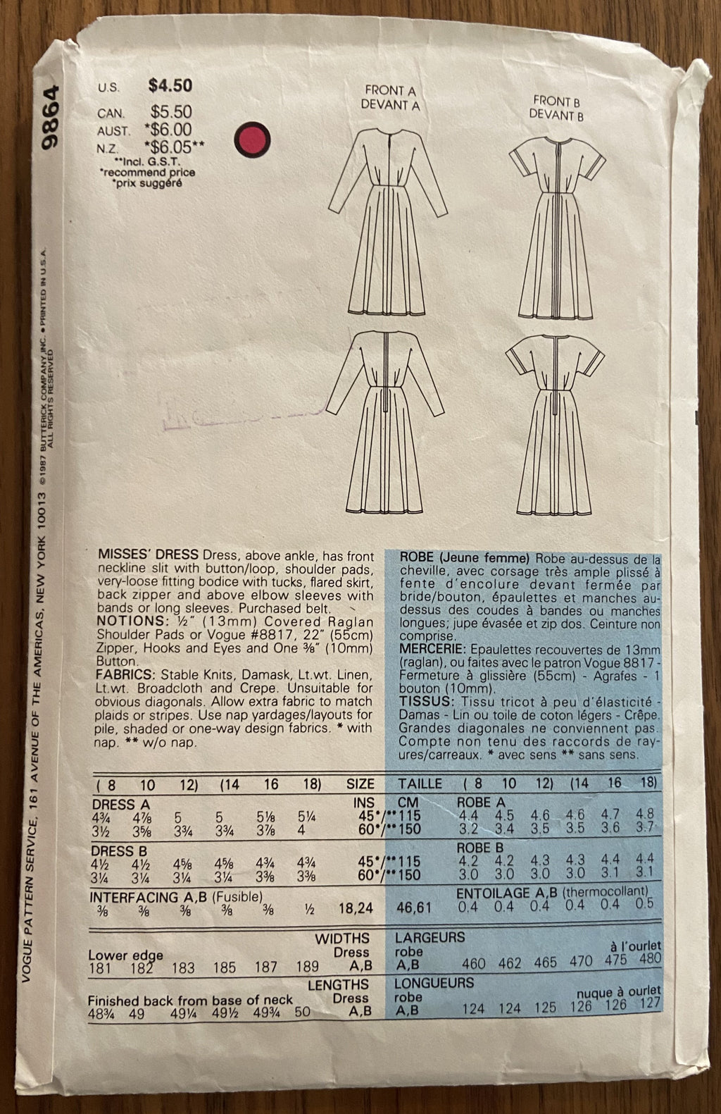 Vogue 9864 vintage 1980s dress pattern bust 31 1/2, 32 1/2, 34 inches