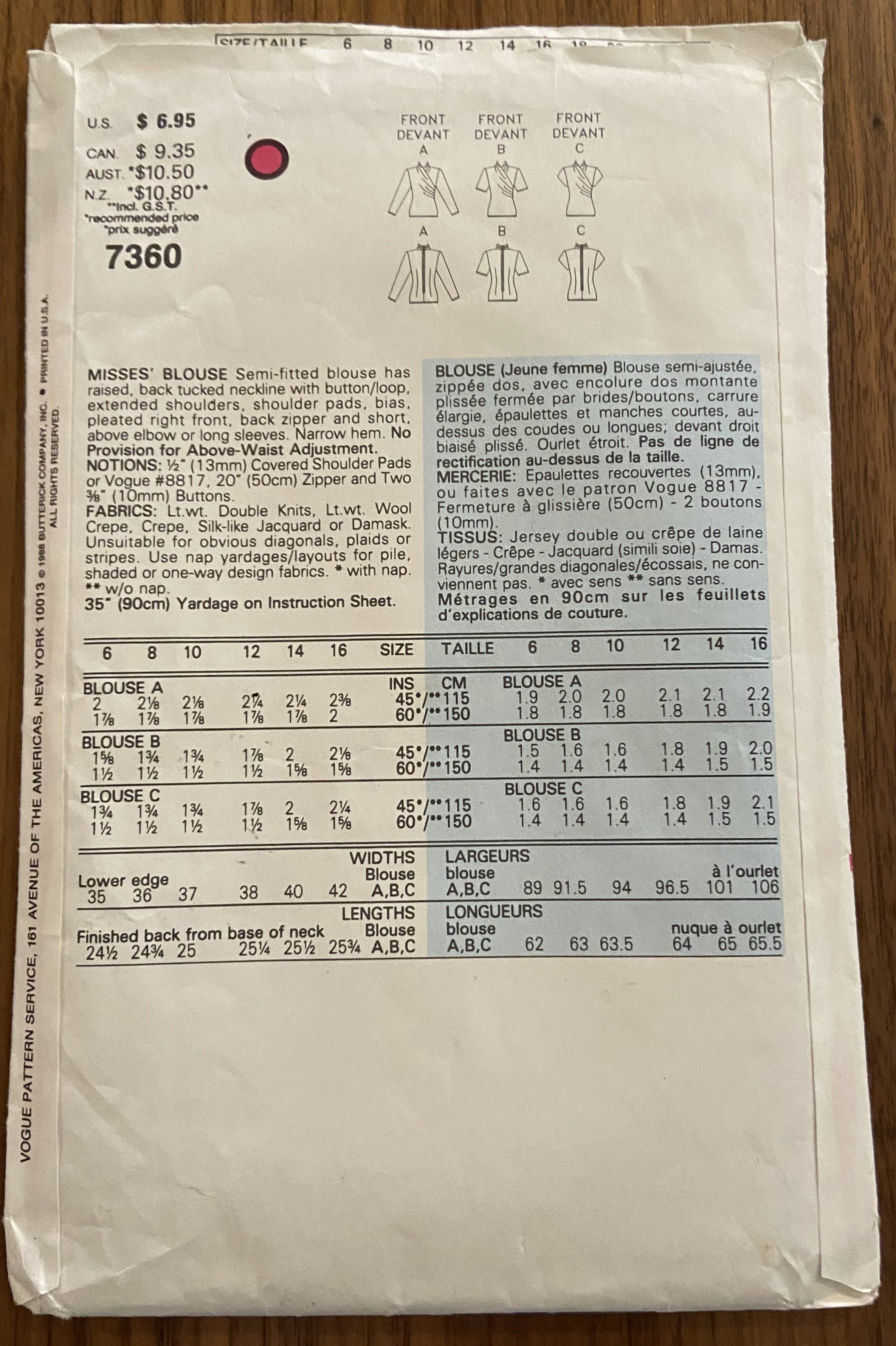 Vogue 7360 Vintage 1980s blouse sewing pattern. Bust 34
