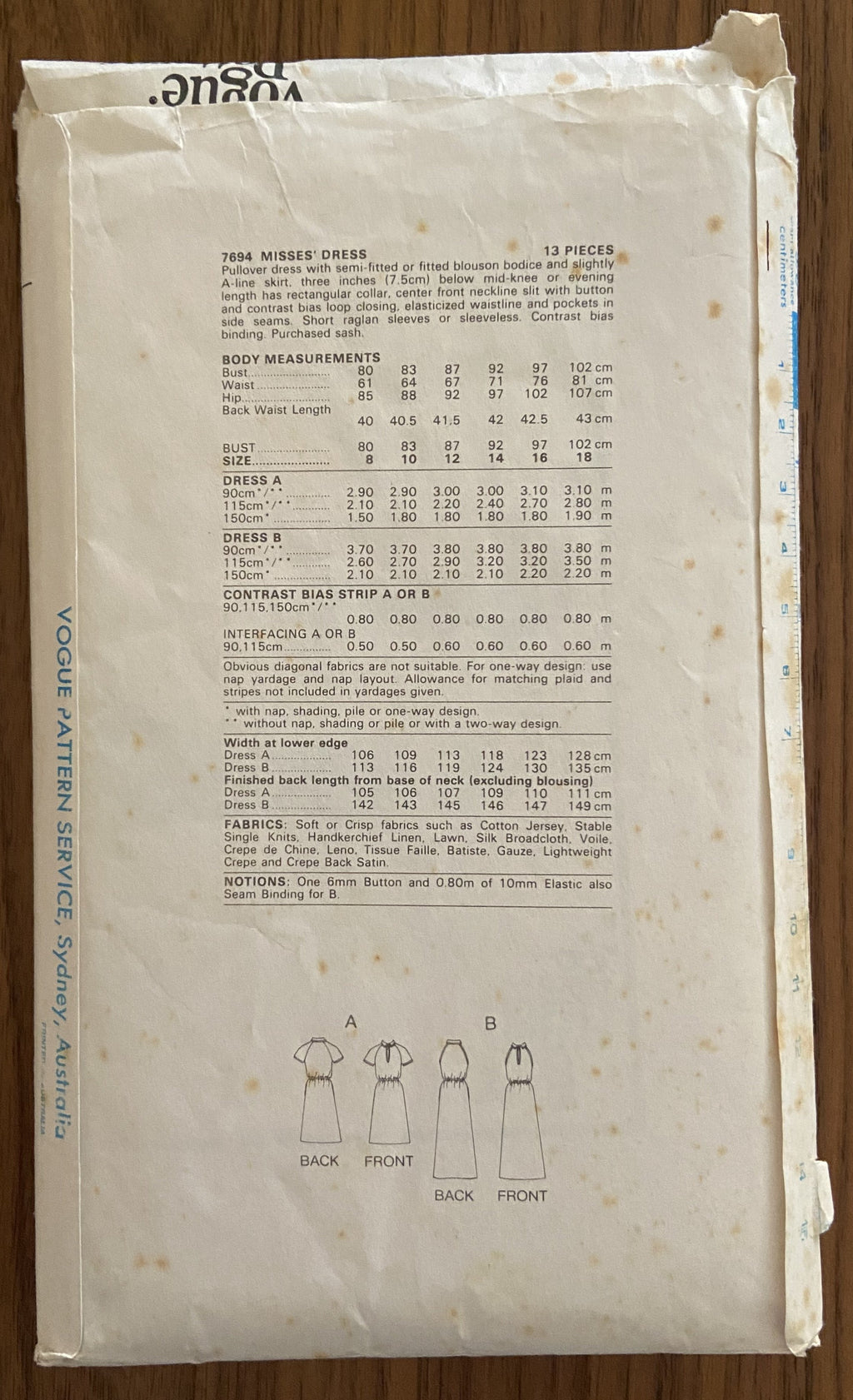 Vogue 7694 Vintage 1980s dress pattern Bust 38 inches