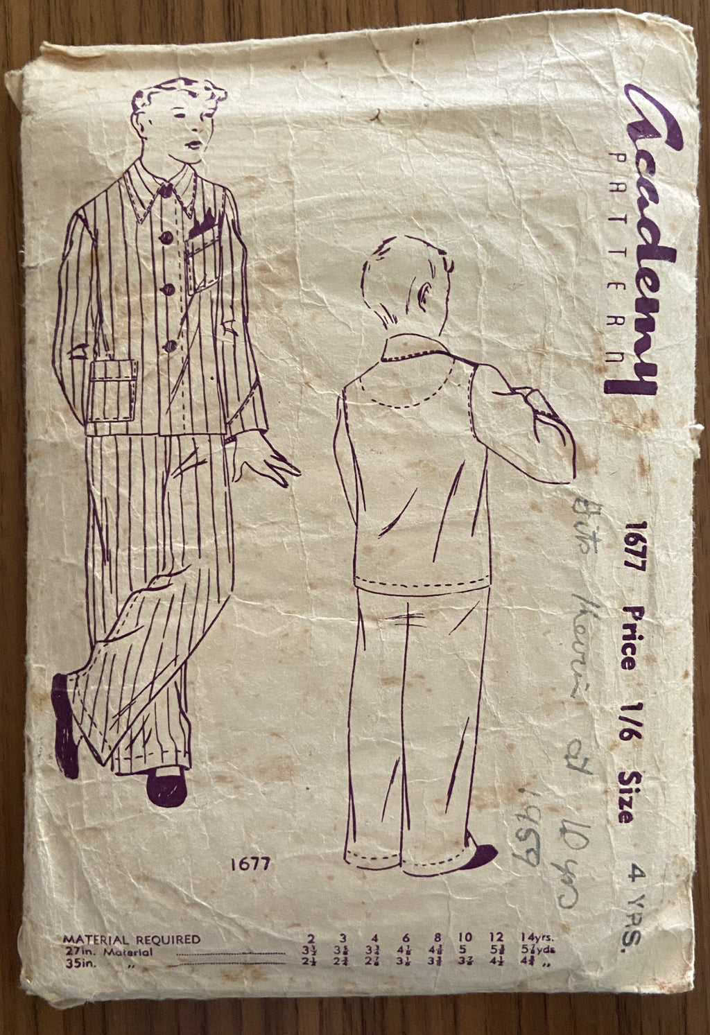 Academy 1677 vintage 1950s child's pajamas sewing pattern 23 inch chest