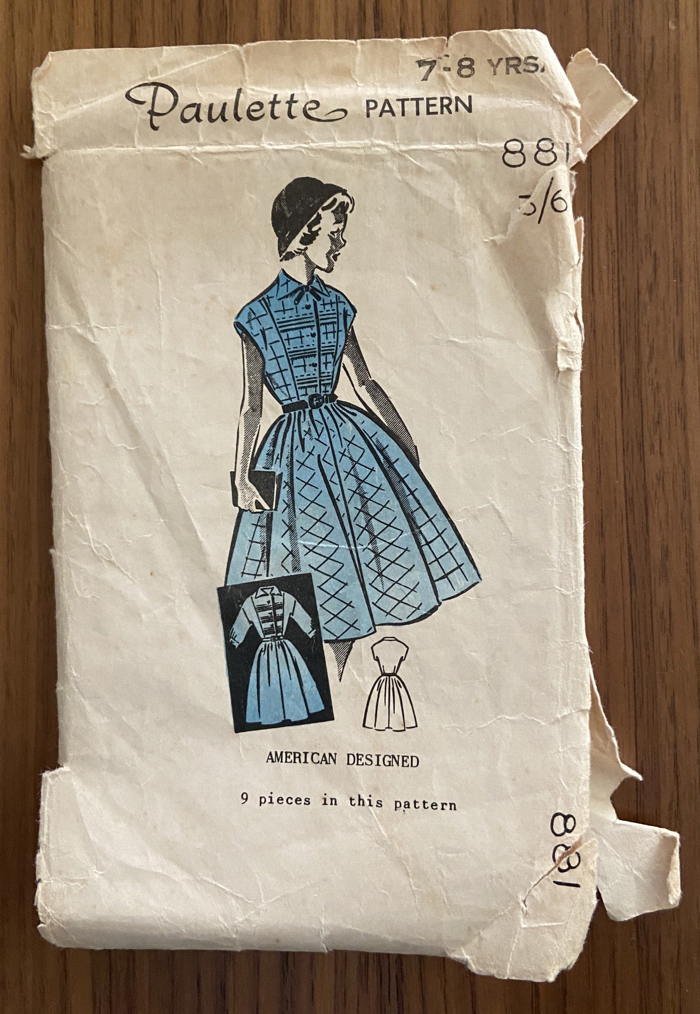 Paulette 881 vintage 1950s child's dress sewing pattern. Breast 26 inches. Wounded bargain, no instructions