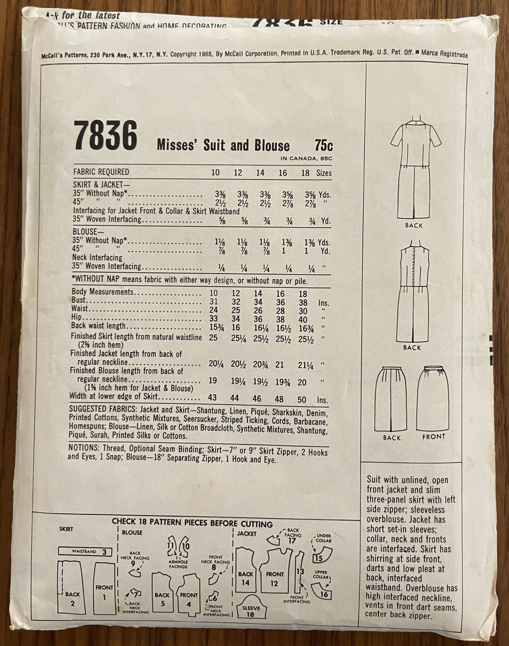 McCall's 7836 vintage 1960s suit and blouse sewing pattern wounded bargain Bust 31 inches