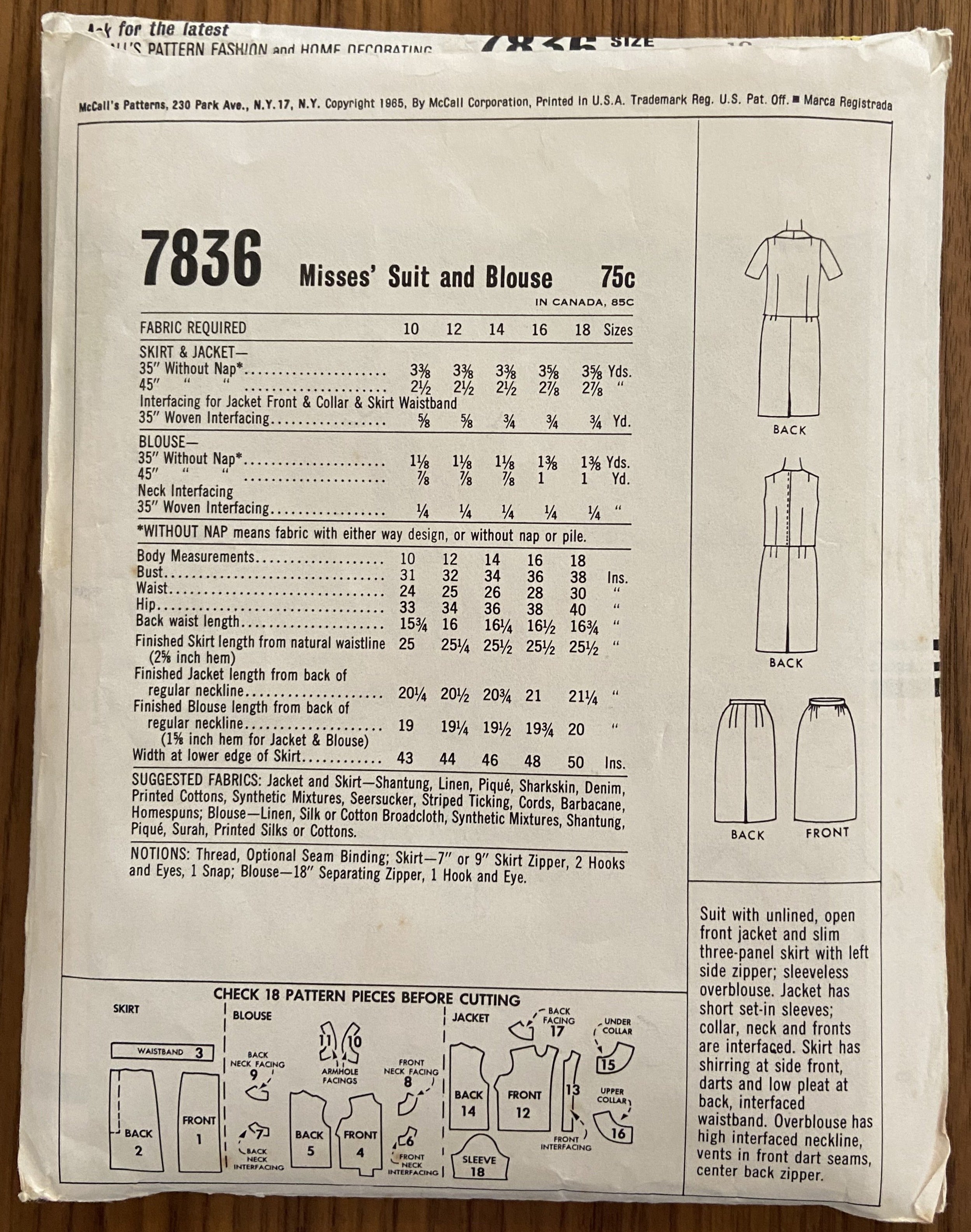 McCall's 7836 vintage 1960s suit and blouse sewing pattern wounded bargain Bust 31 inches