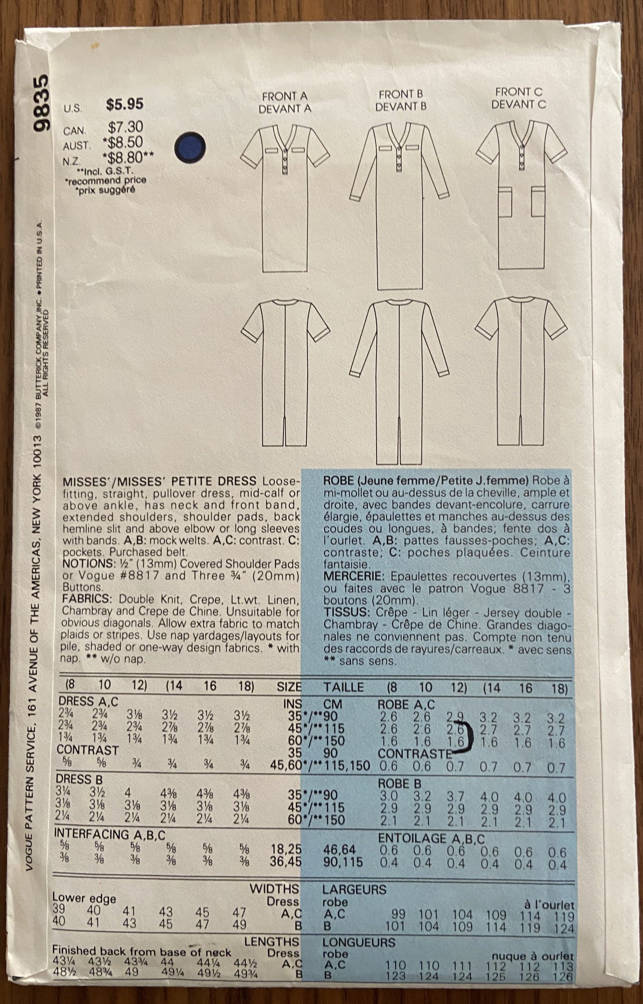 Vogue 9835 vintage 1980s dress sewing pattern Bust 31 1/2, 32 1/2, 34 inches