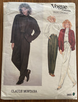 Vogue 2853 vintage 1980s jacket, top and pants sewing pattern. Vogue Paris Original Claude Montana Bust 31 1/2 inches. Uncut