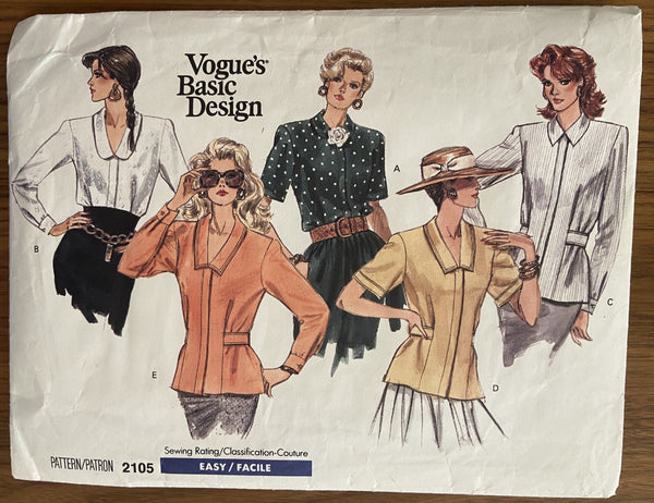 Vogue 2105 vintage 1980s blouse pattern Bust 34, 36, 38 inches